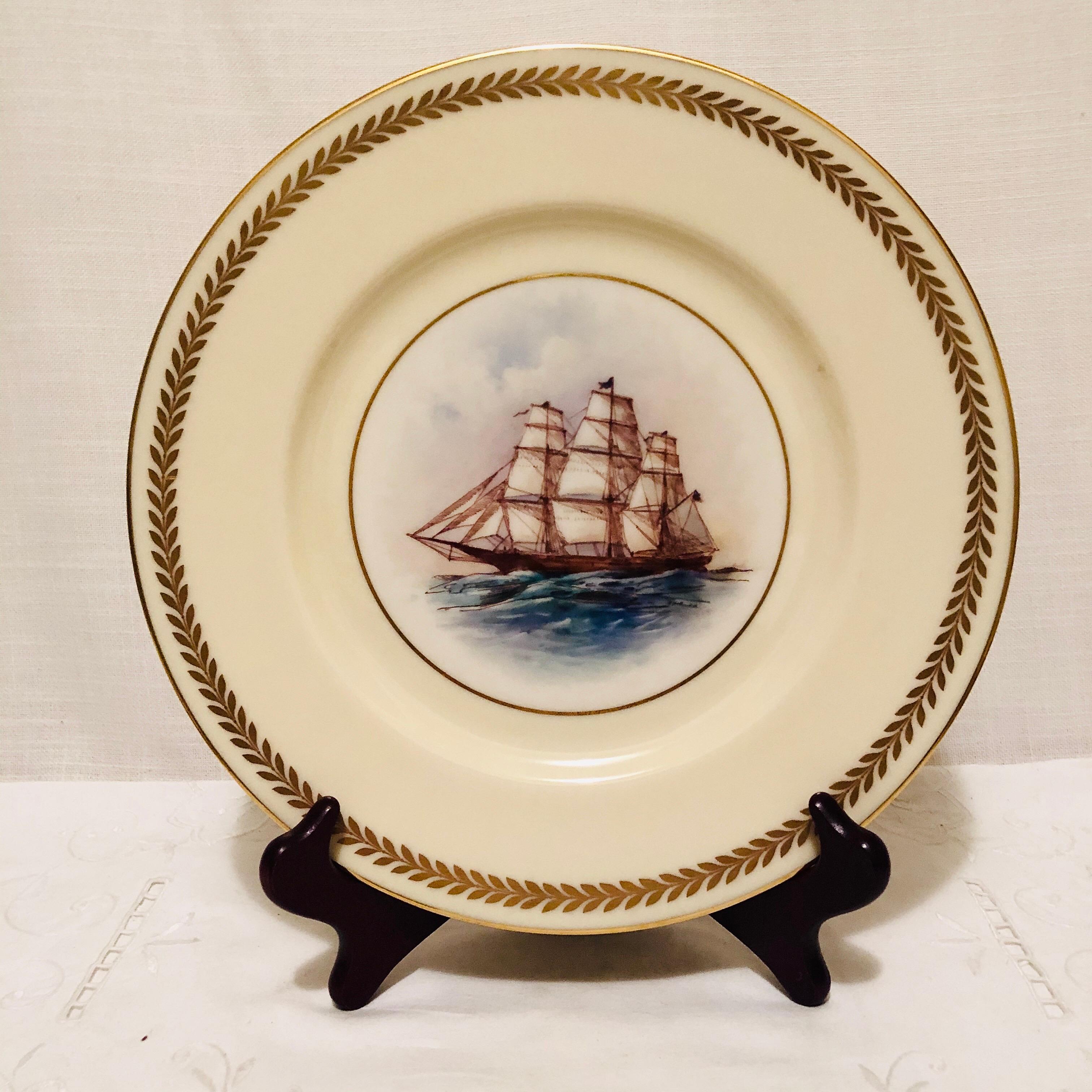 Porcelain Set of Twelve Lenox Plates Each Hand Painted with a Different Tall Ship
