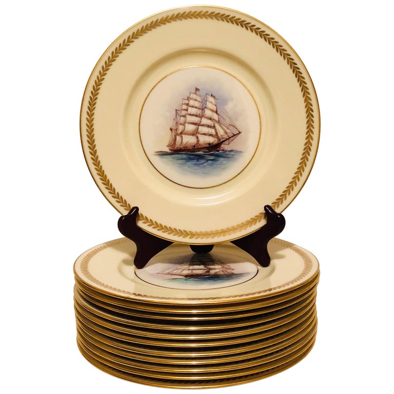 Set of Twelve Lenox Plates Each Hand Painted with a Different Tall Ship