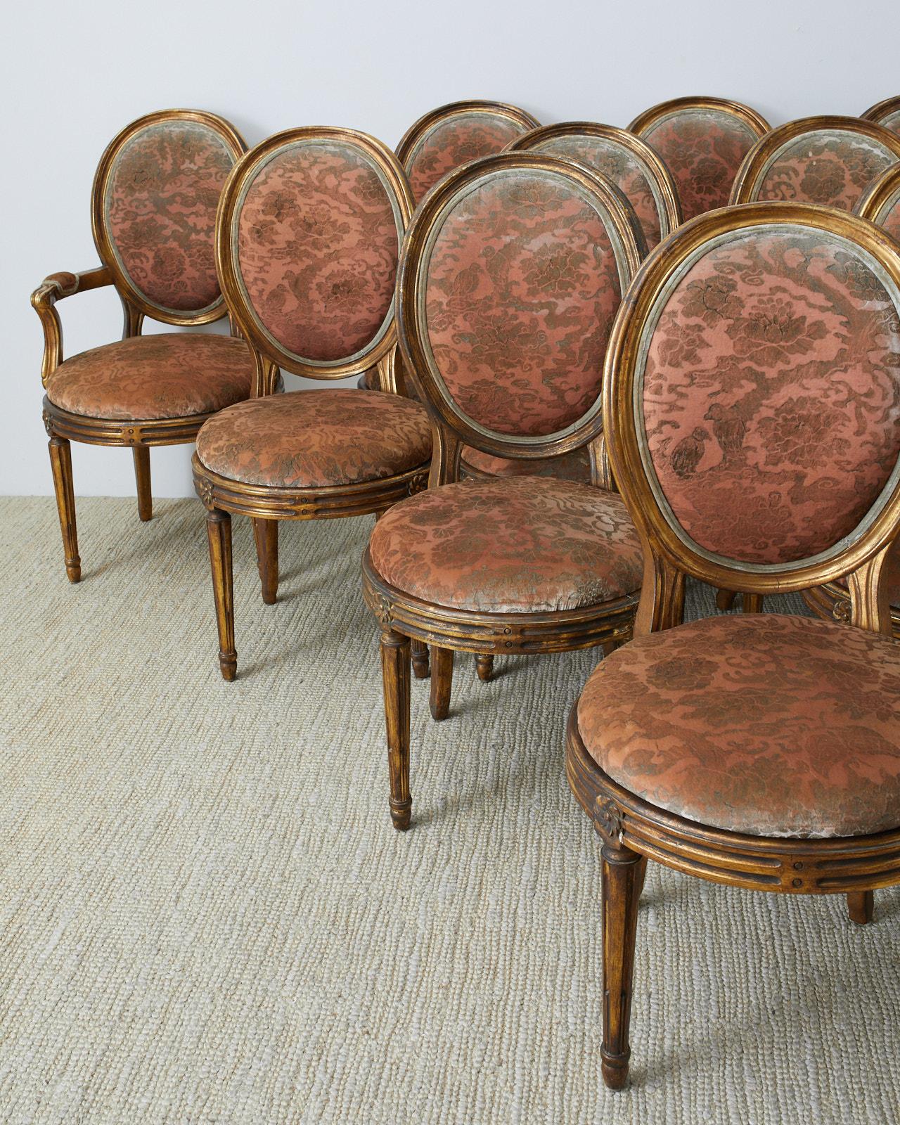 Set of Twelve Louis XVI Style Giltwood Dining Chairs (Handgefertigt)