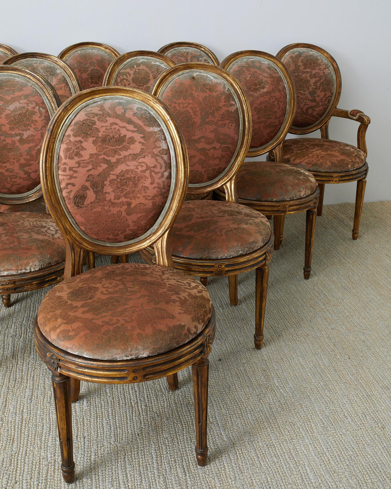 Set of Twelve Louis XVI Style Giltwood Dining Chairs (20. Jahrhundert)