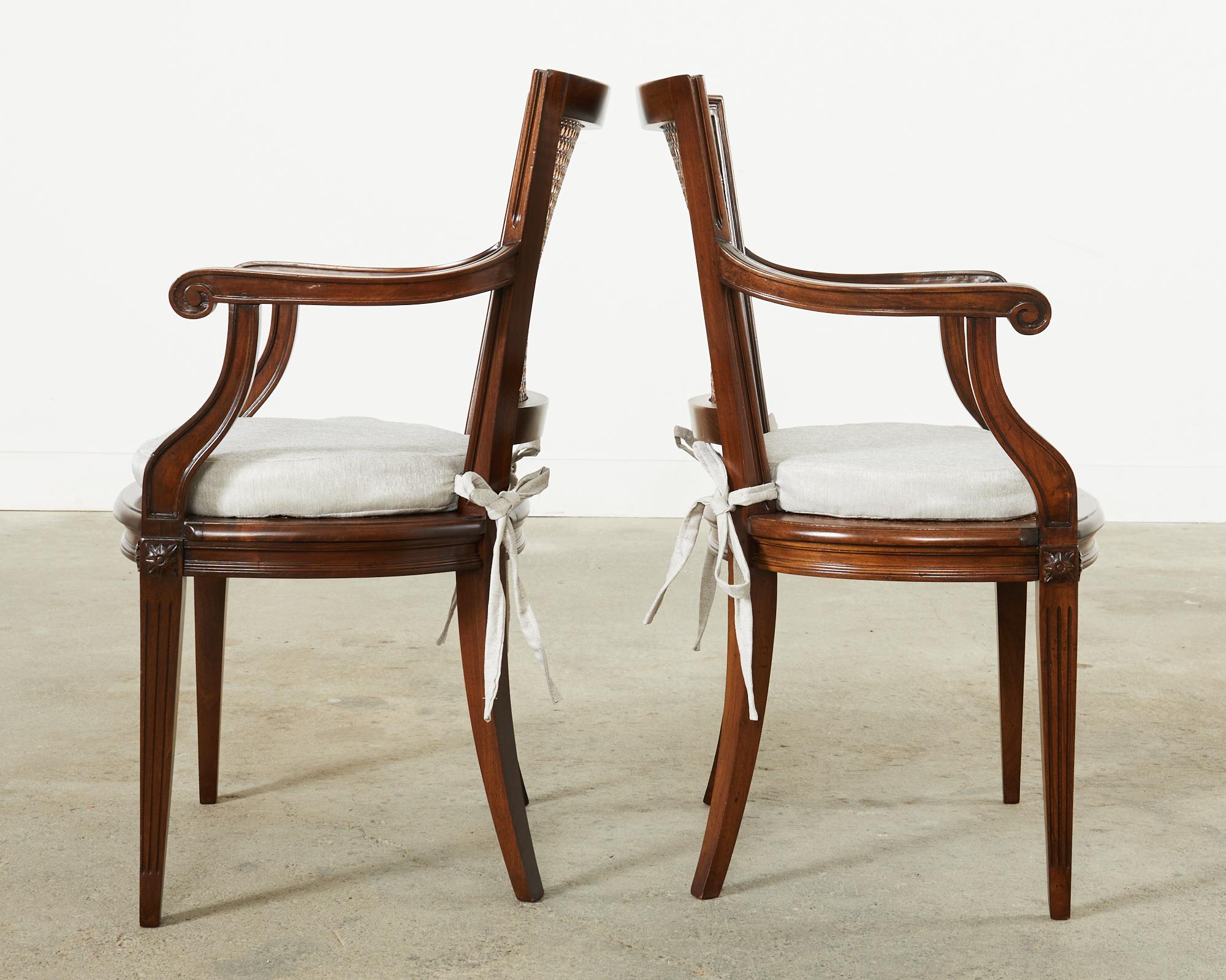 Fabric Set of Twelve Louis XVI Style Mahogany Cane Dining Armchairs  For Sale