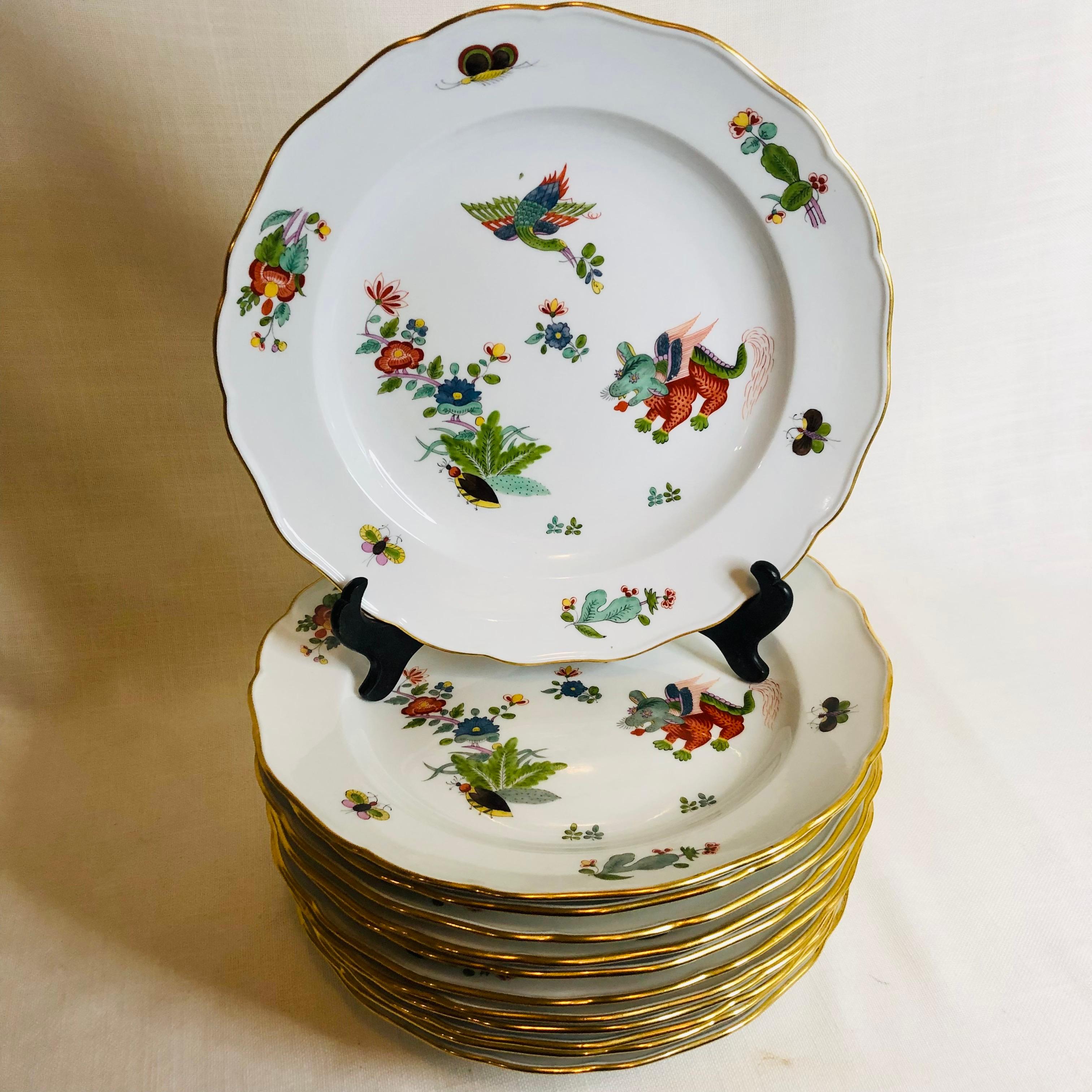I want to offer you this rare set of twelve Meissen dinner plates. In thirty years of specializing in Meissen porcelain, I have only seen this pattern once before in a covered condiment. I was amazed to find this beautiful set of twelve Meissen
