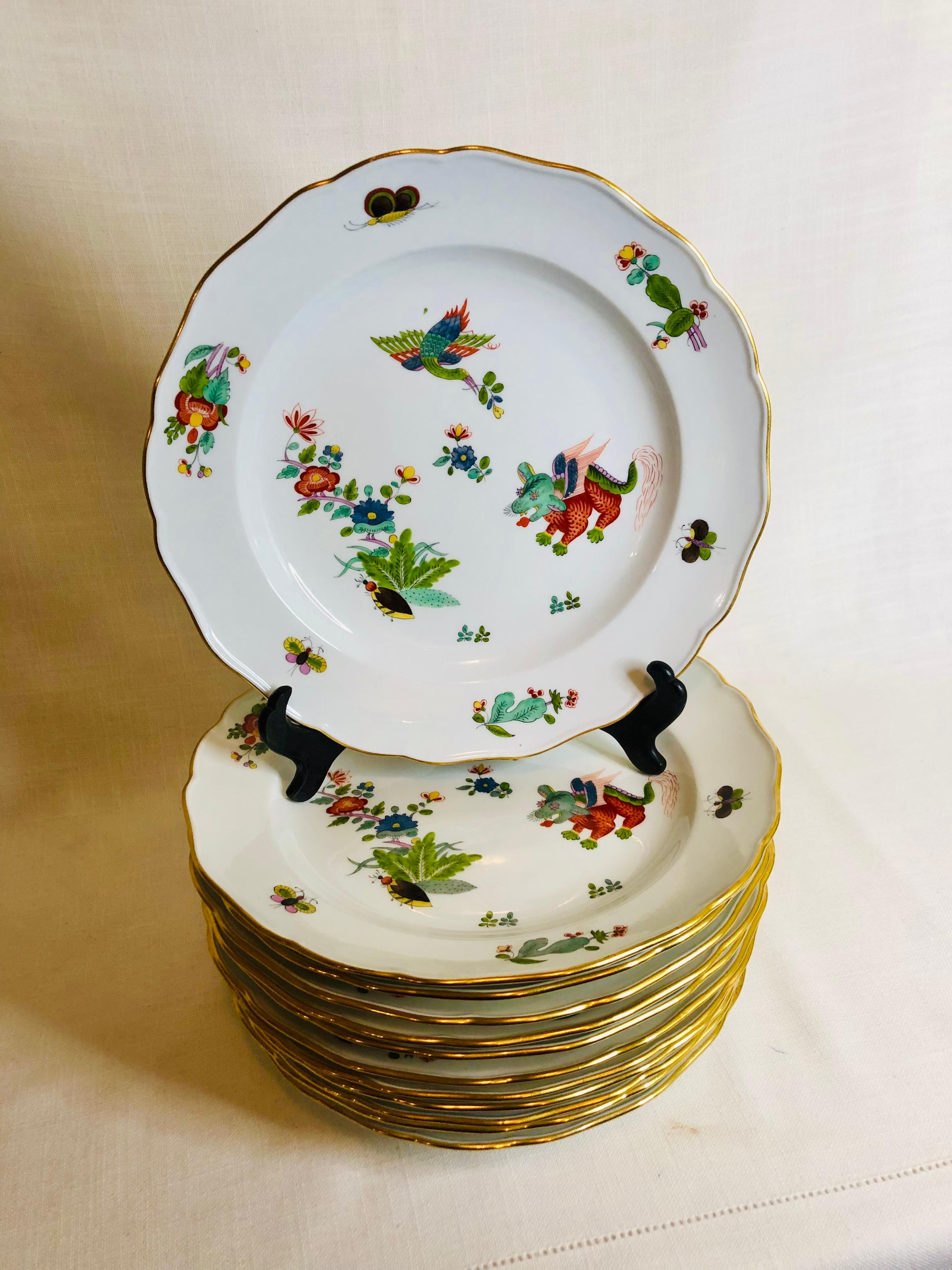 Japonisme Set of Twelve Meissen Dinner Plates with Flying Mythological Dragons and Cranes