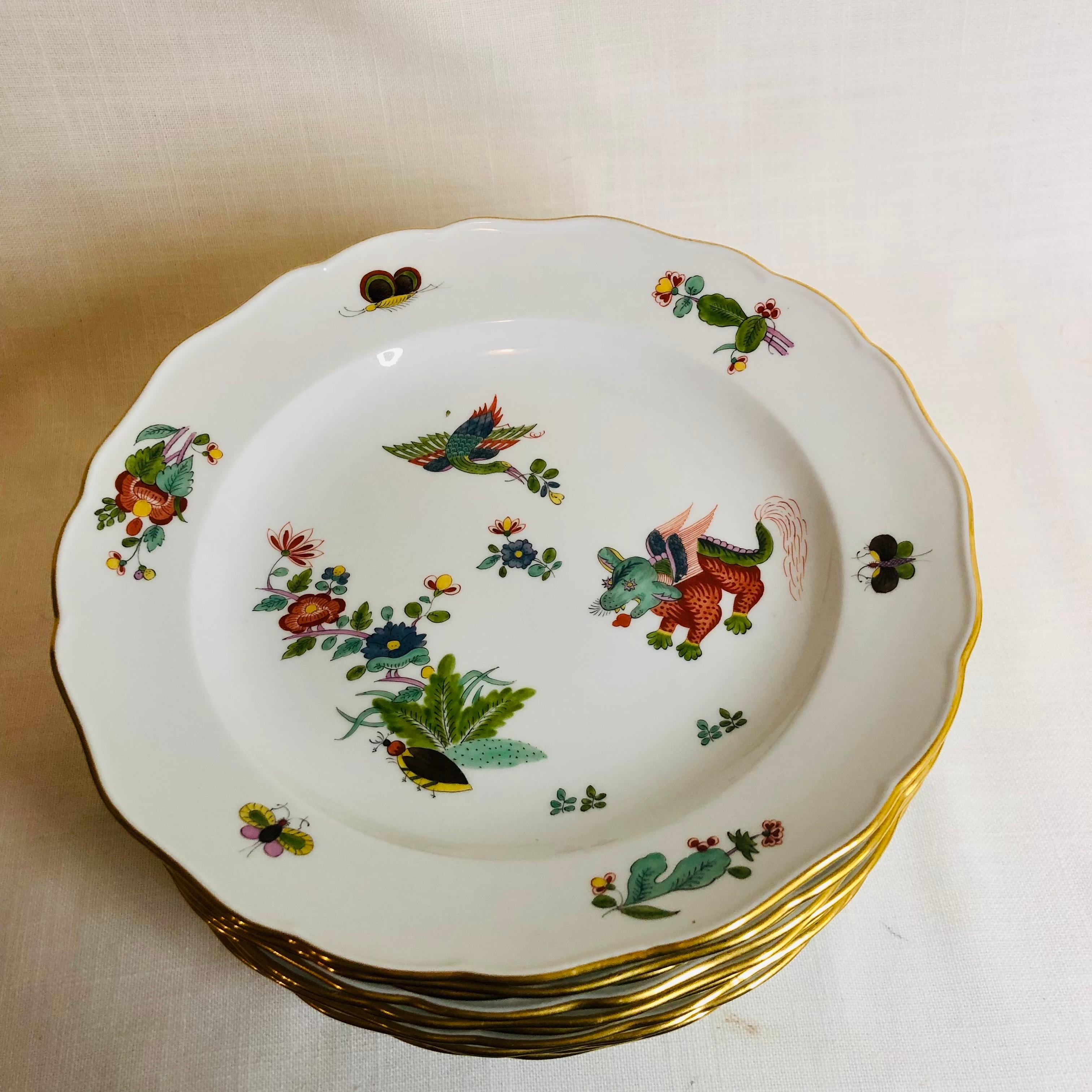 Set of Twelve Meissen Dinner Plates with Flying Mythological Dragons and Cranes In Good Condition In Boston, MA