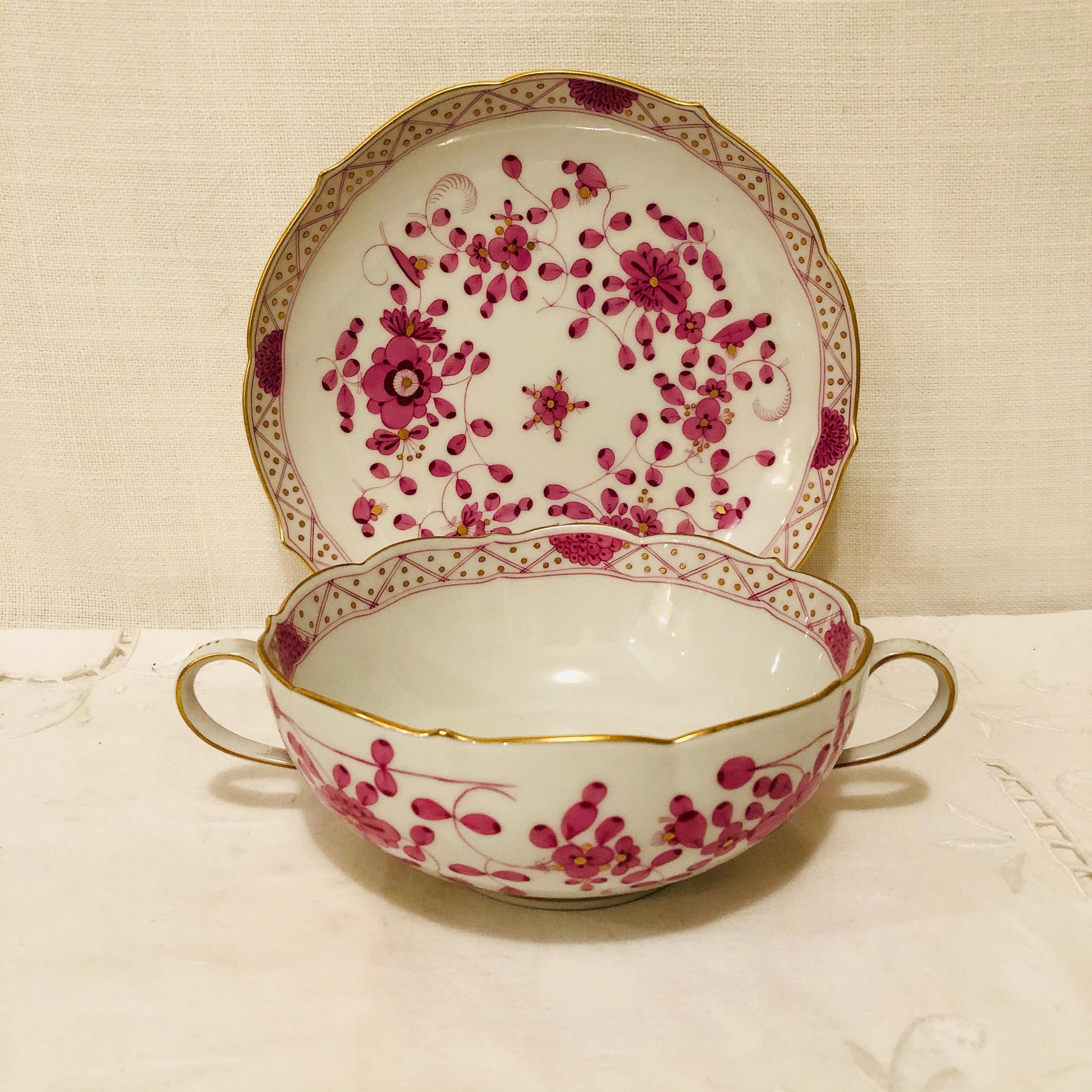 We would like to offer you this fabulous set of twelve Meissen purple Indian cream soups and saucers. These cream soups are very hard to find. In fact, in thirty years, I have never seen these before. They are very good size, and you could serve any