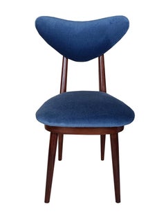 Set of Twelve Mid Century Blue Velvet, Walnut Wood, Heart Chairs, Poland, 1960s