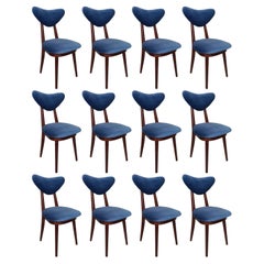 Set of Twelve Mid Century Blue Velvet, Walnut Wood, Heart Chairs, Poland, 1960s