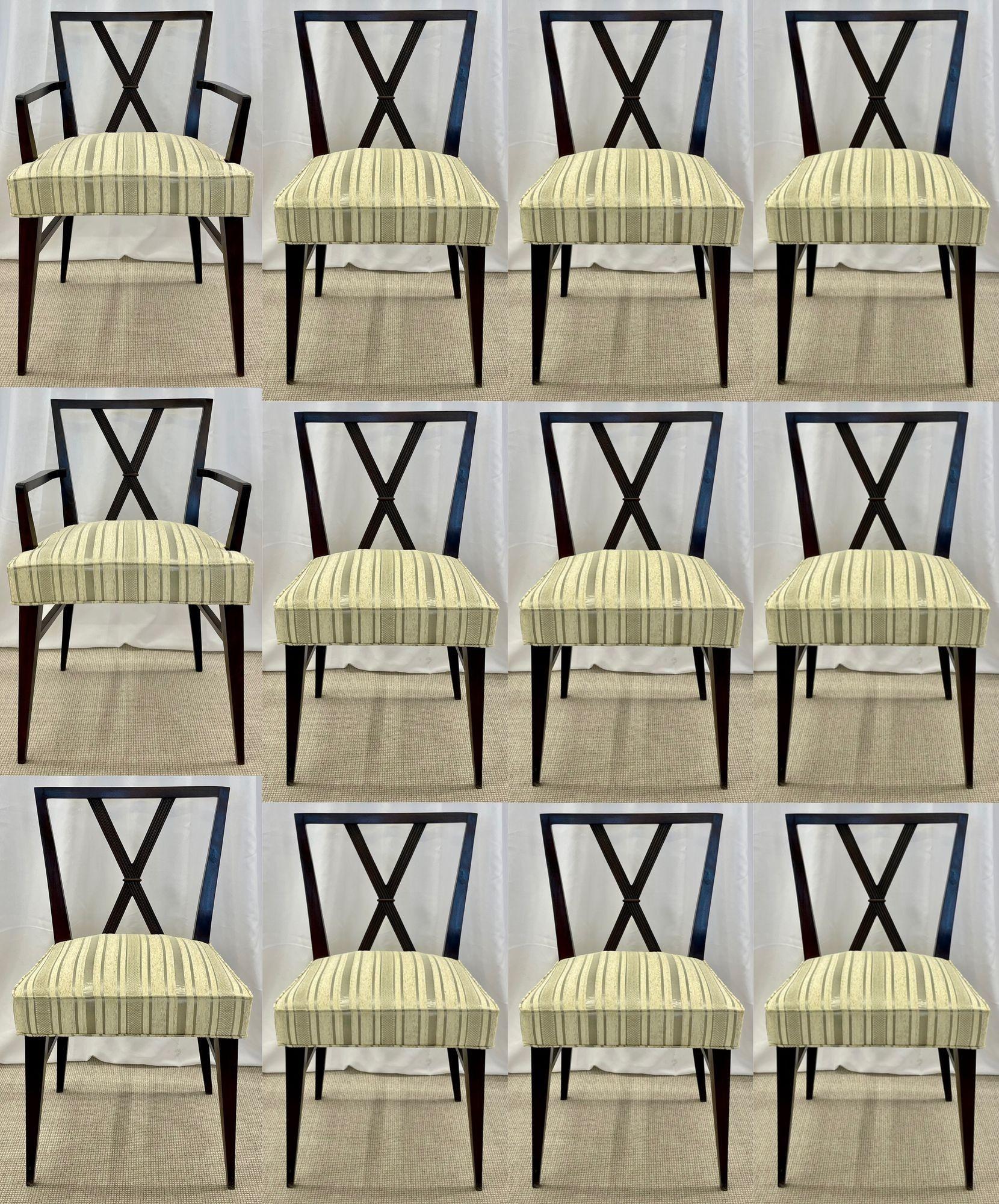 Tommi Parzinger Attribution, Mid-Century Modern, Twelve Dining Chairs, 1960s

Set of twelve dining room chairs. All having been fully refinished and covered in a brand new striped upholstery. The set with X-backrests leading to overstuffed and very