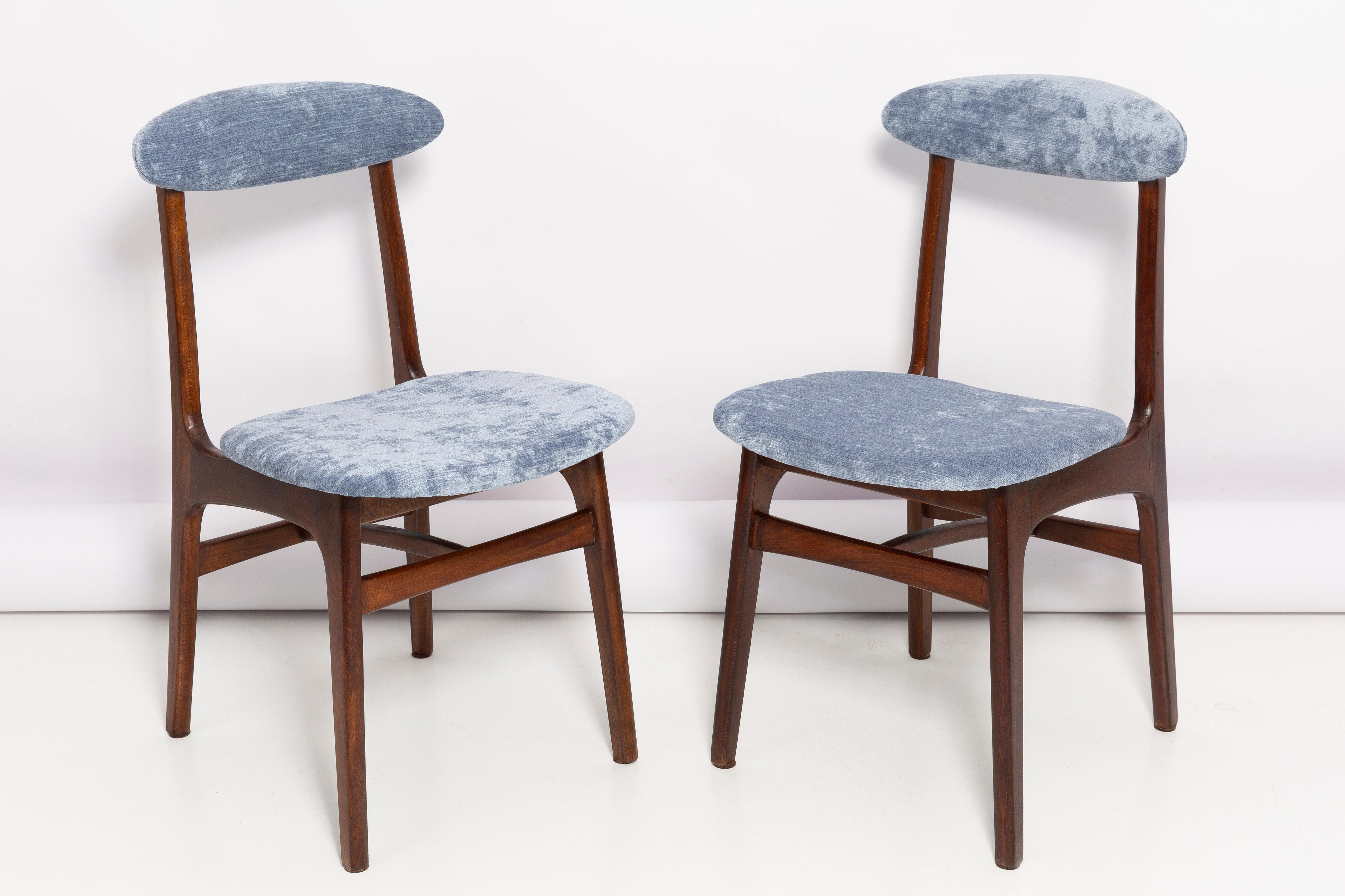 Belles chaises vintage de forme légère conçues par le Prof. Rajmund Halas. Elle a été fabriquée en bois de hêtre. Conçue et produite en Pologne. Les chaises ont été remises à neuf après une rénovation complète du tissu d'ameublement, et le travail