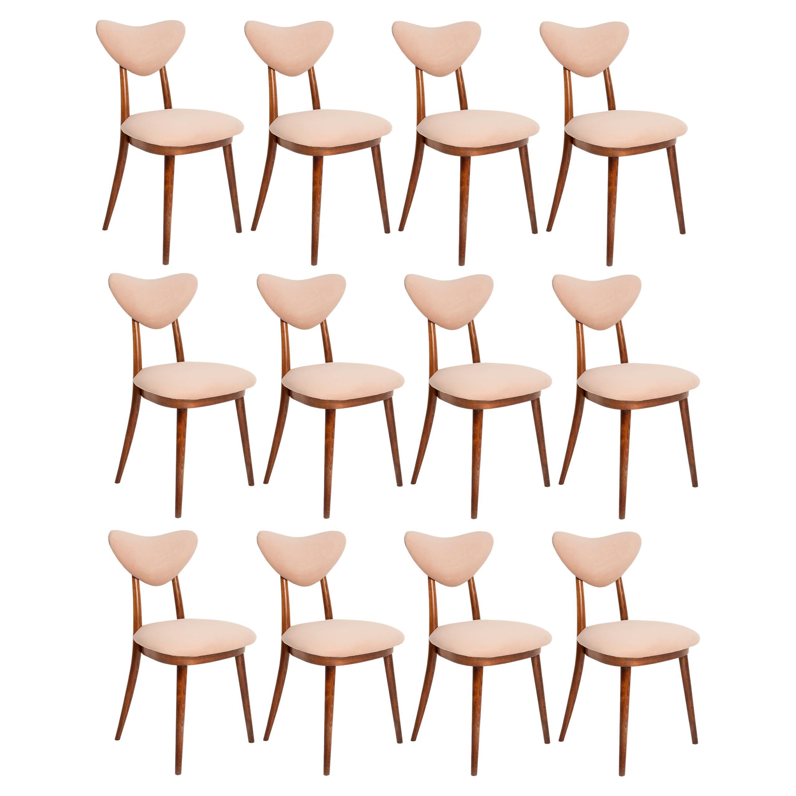 Set of Twelve Mid Century Light Pink Velvet Heart Chairs, Europe, 1960s For Sale