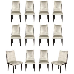 Set of Twelve Mid-Century Modern Ebonized Walnut & Platinum Velvet Dining Chairs