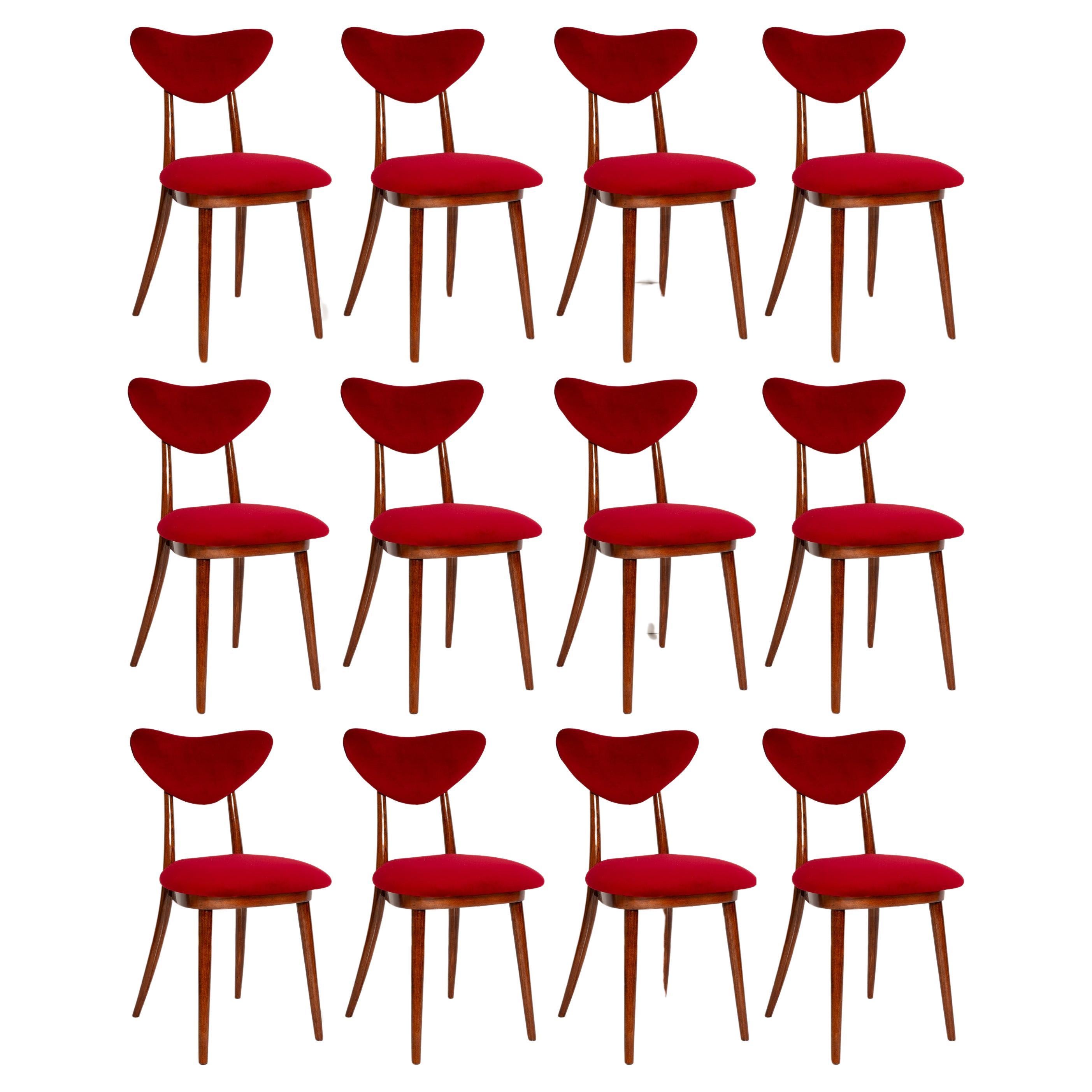 Set of Twelve Mid Century Red Heart Chairs, Poland, 1960s For Sale