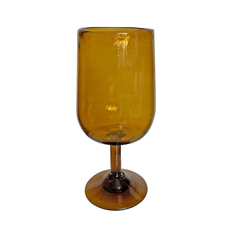 Set of Twelve Midcentury Spanish Hand Blown Amber Wine Glasses at