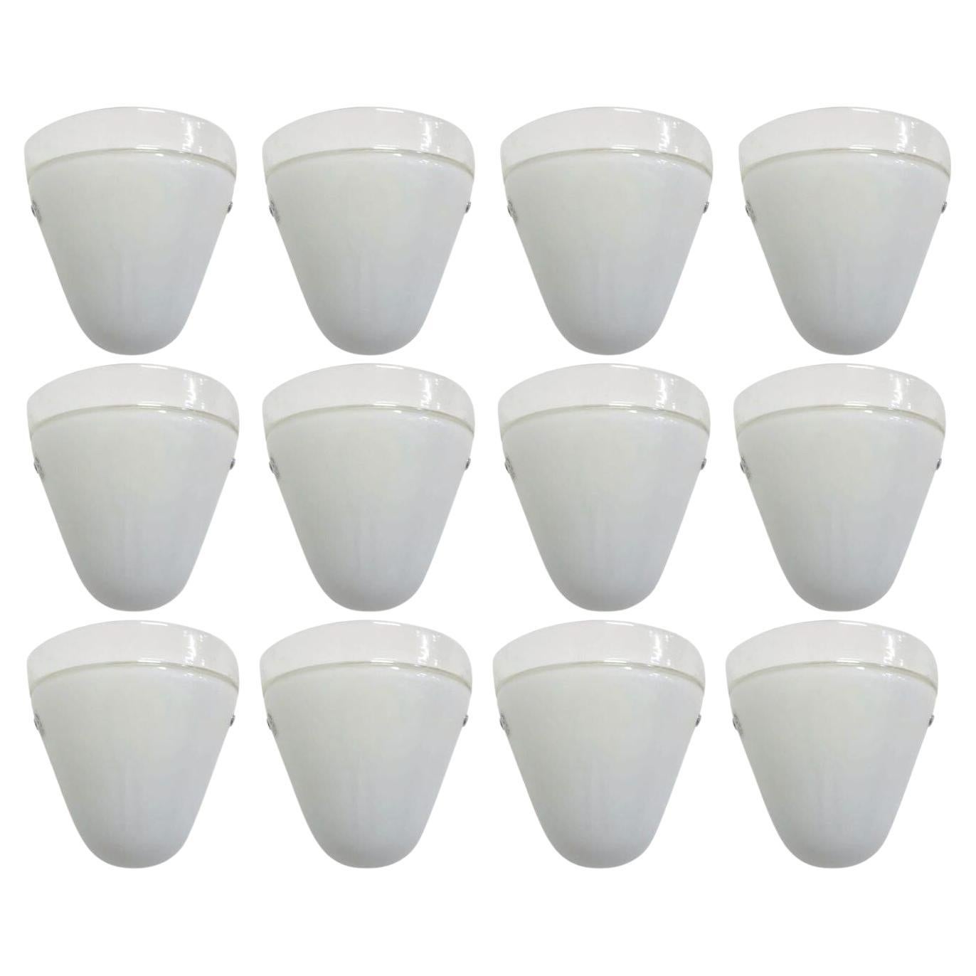 Set of Twelve Milky White Murano Glass Sconces by Leucos. Italy, 1960's. For Sale