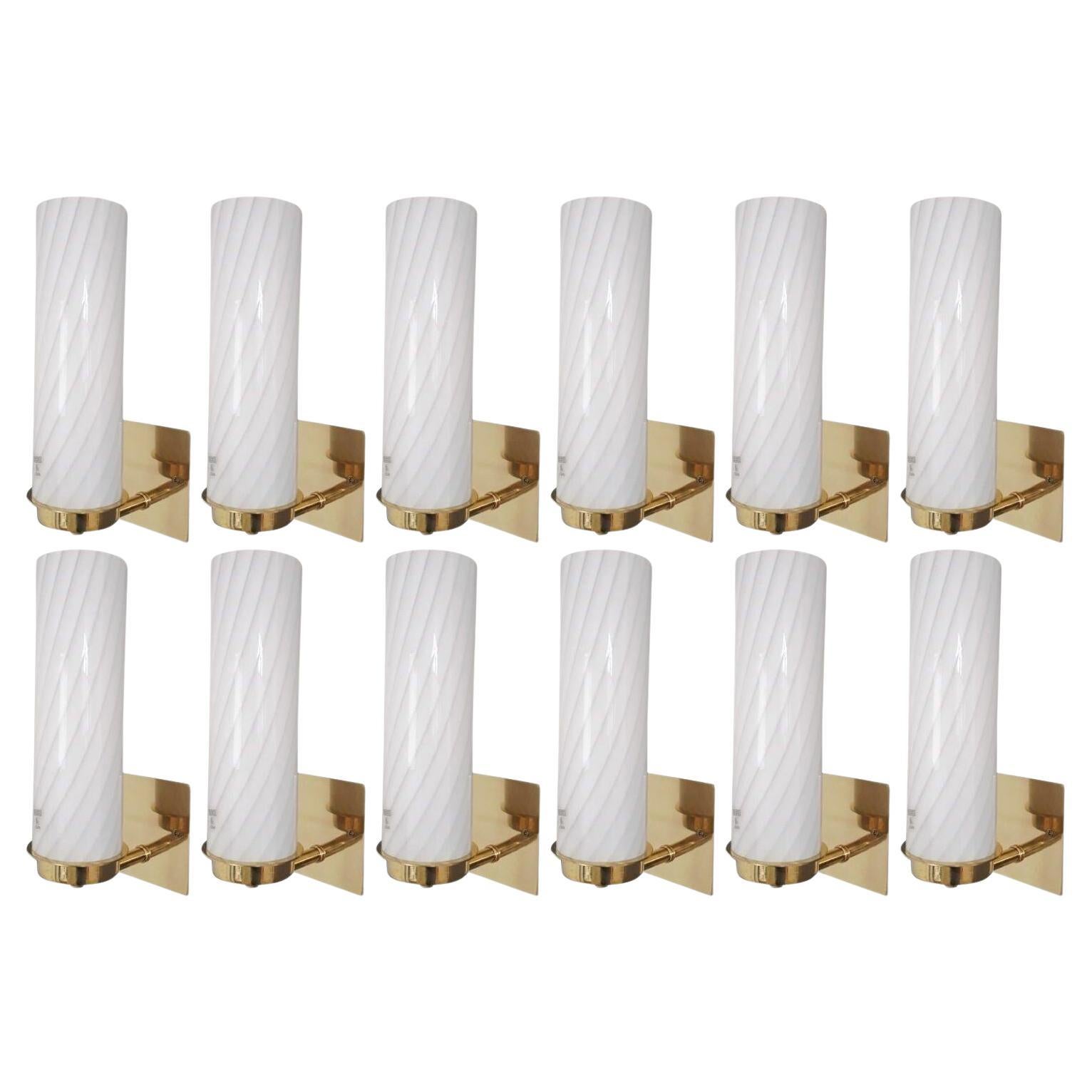 Set of Twelve Milky White "Murano Vetri 04" Cylinder Sconces. Italy, 1960's.