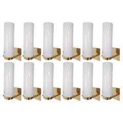 Set of Twelve Milky White "Murano Vetri 04" Cylinder Sconces. Italy, 1960's.