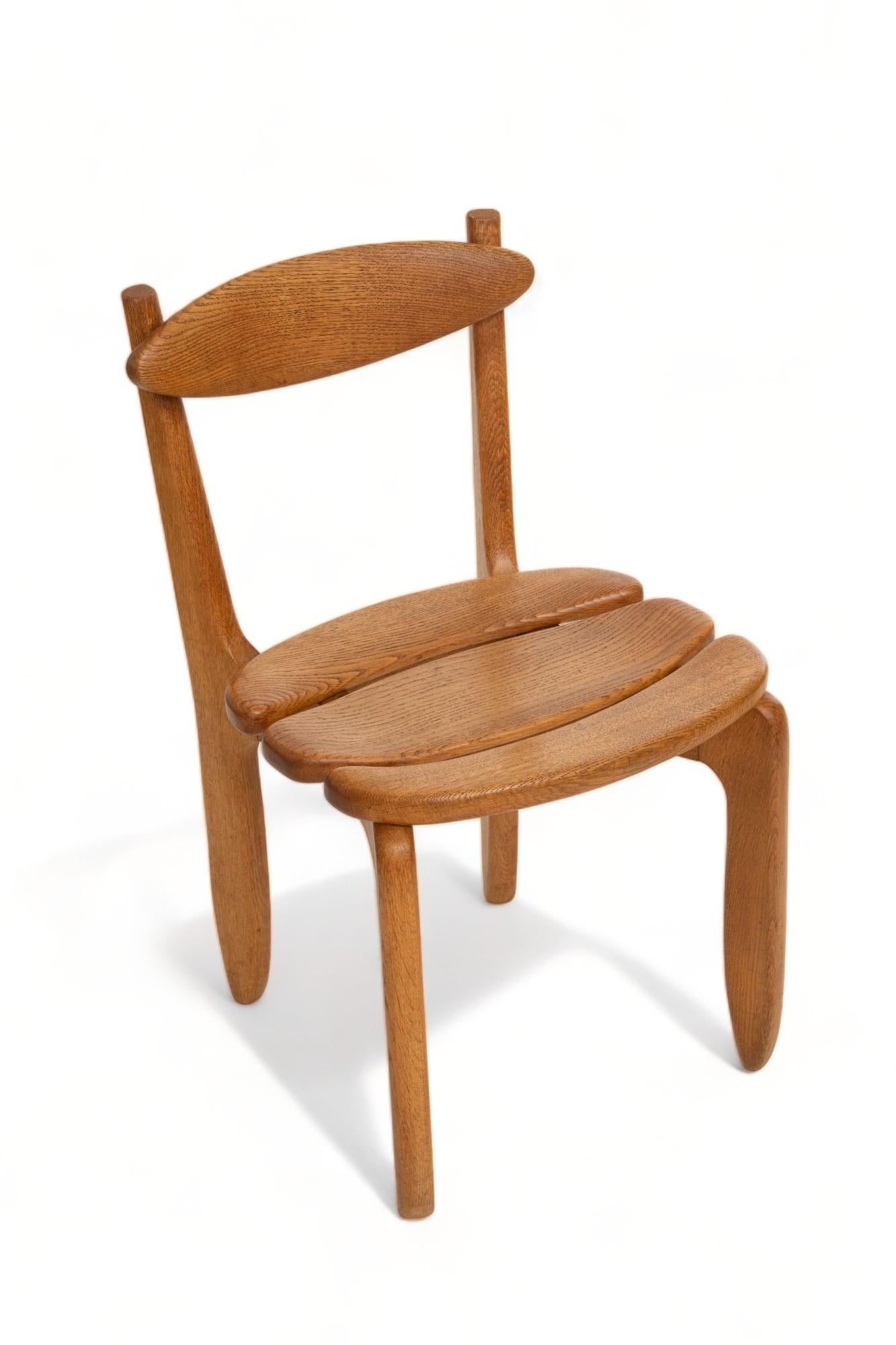Set of Twelve Minimalist Organic Modern Oak Dining Chairs, Guillerme et Chambron For Sale 5