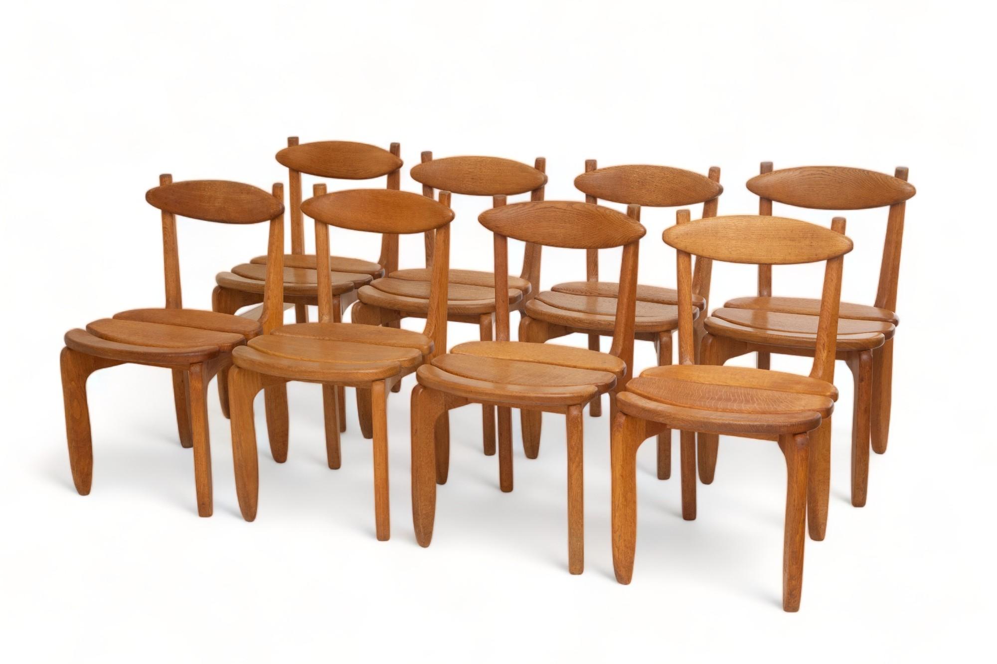 Mid-20th Century Set of Twelve Minimalist Organic Modern Oak Dining Chairs, Guillerme et Chambron For Sale