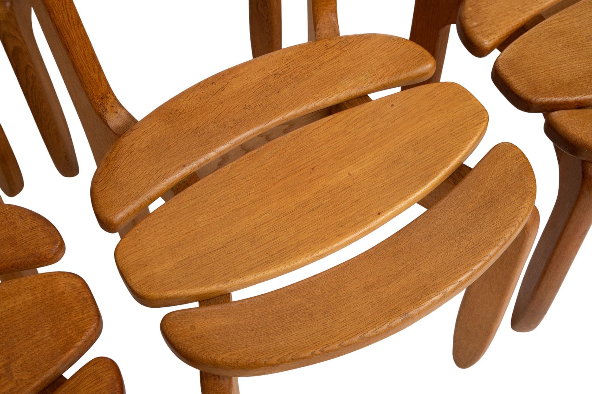 Set of Twelve Minimalist Organic Modern Oak Dining Chairs, Guillerme et Chambron For Sale 1