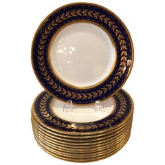 Retro Set of Twelve Minton Tiffany & Co. Cobalt Blue & Gold Gilt Service/Dinner Plates