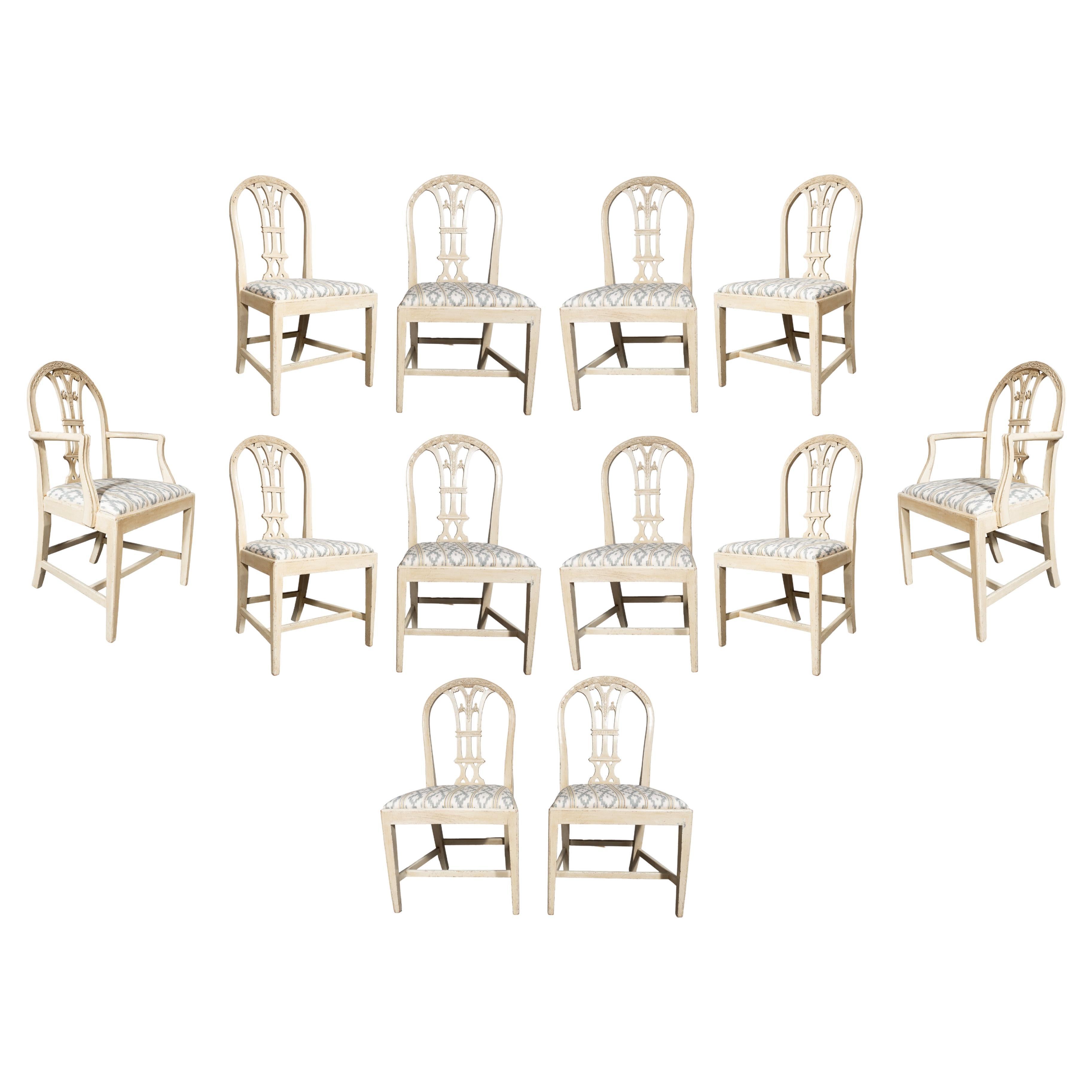 Set Of Twelve Neoclassic Style White Painted Dining Chairs