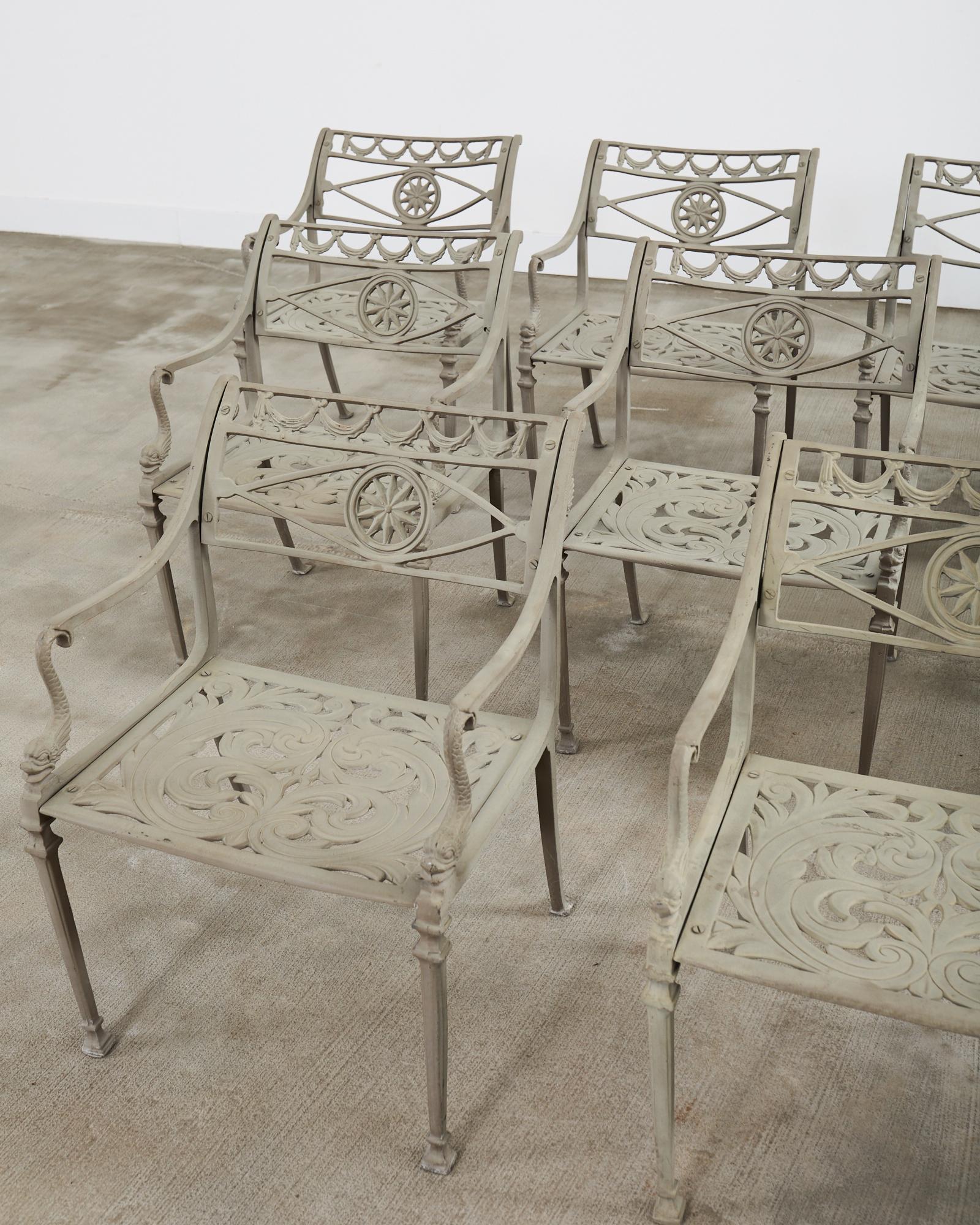Set of Twelve Neoclassical Dolphin and Star Garden Dining Armchairs 11