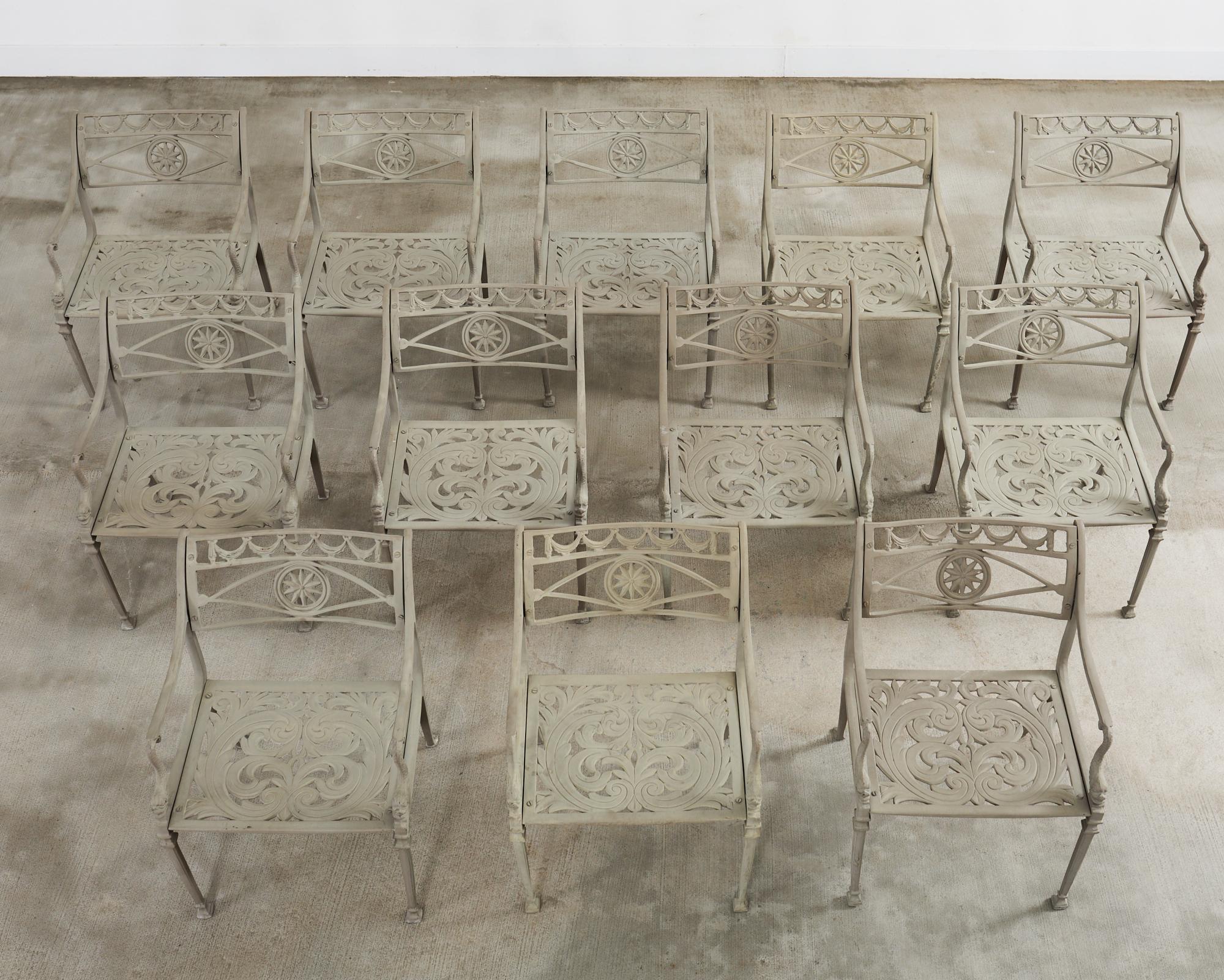 American Set of Twelve Neoclassical Dolphin and Star Garden Dining Armchairs