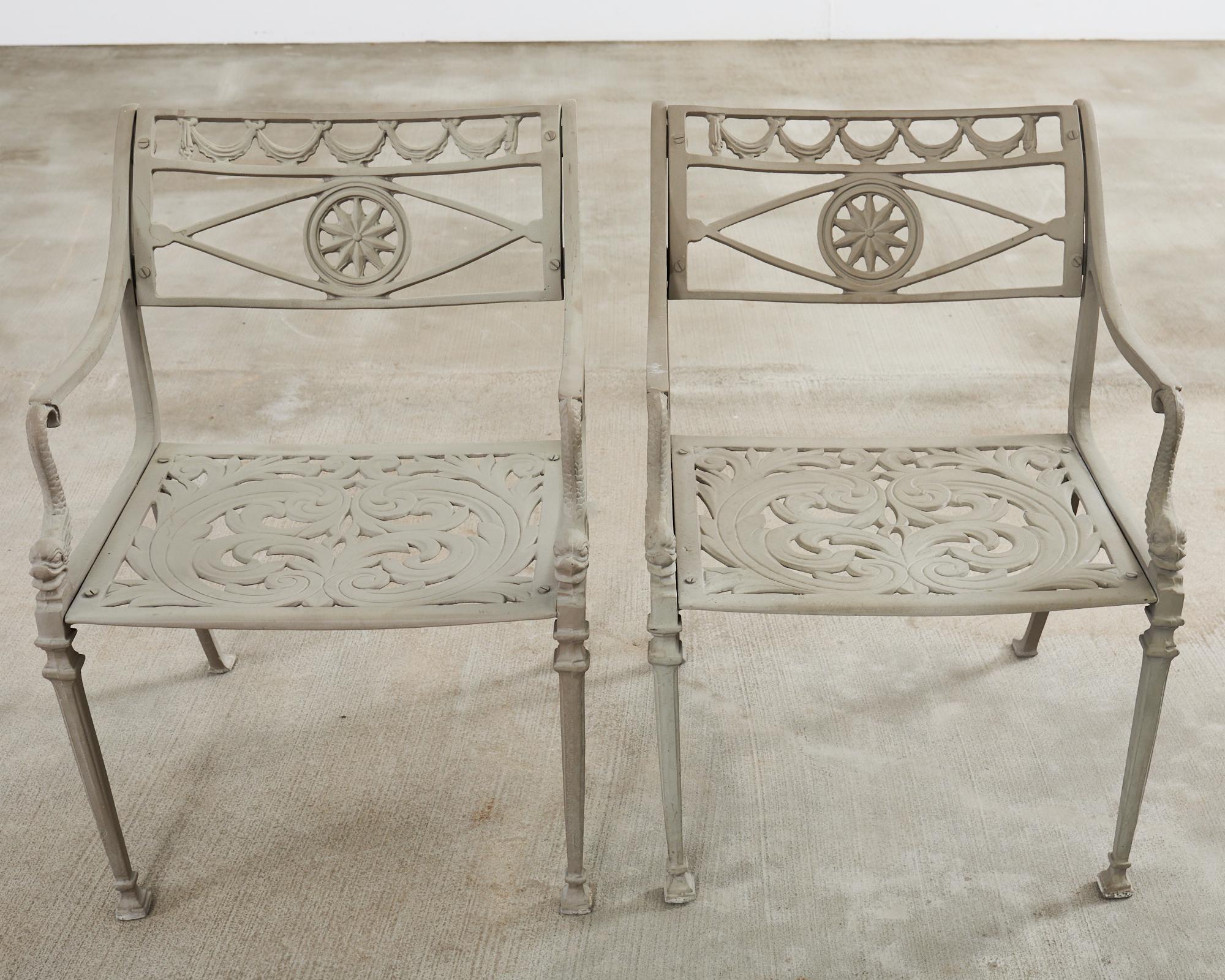 Set of Twelve Neoclassical Dolphin and Star Garden Dining Armchairs In Distressed Condition In Rio Vista, CA