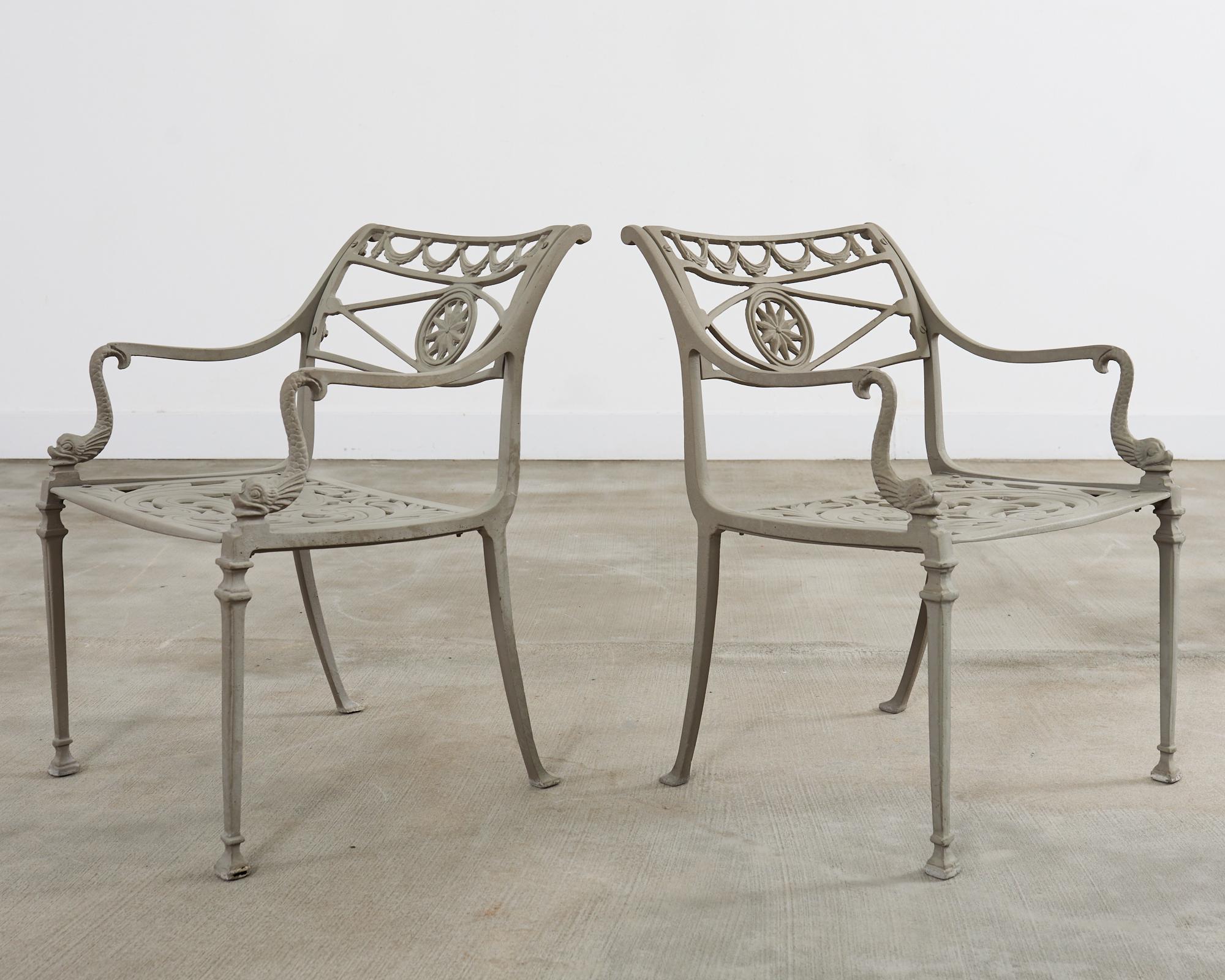 Metal Set of Twelve Neoclassical Dolphin and Star Garden Dining Armchairs