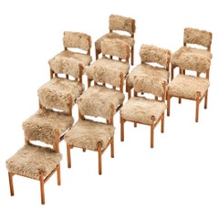 Set of Twelve Dining Chairs in Pine and Sheepskin