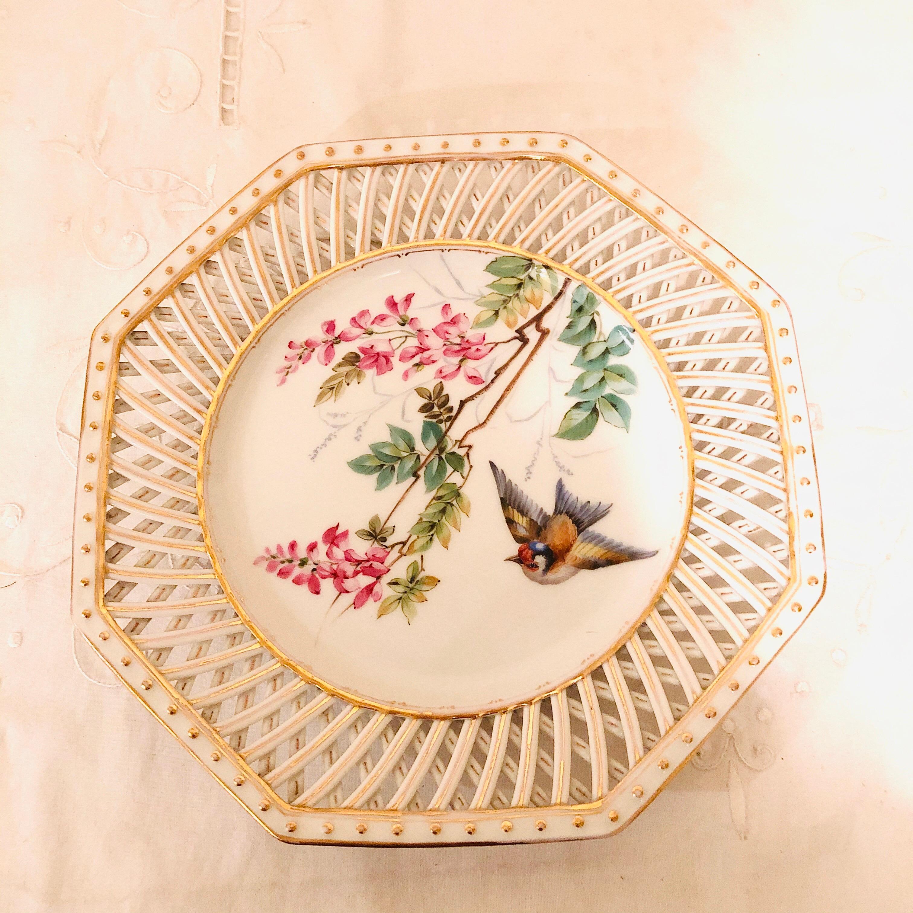 Hand-Painted Set of Twelve Pirkenhammer Reticulated Bird Plates Each Painted Differently