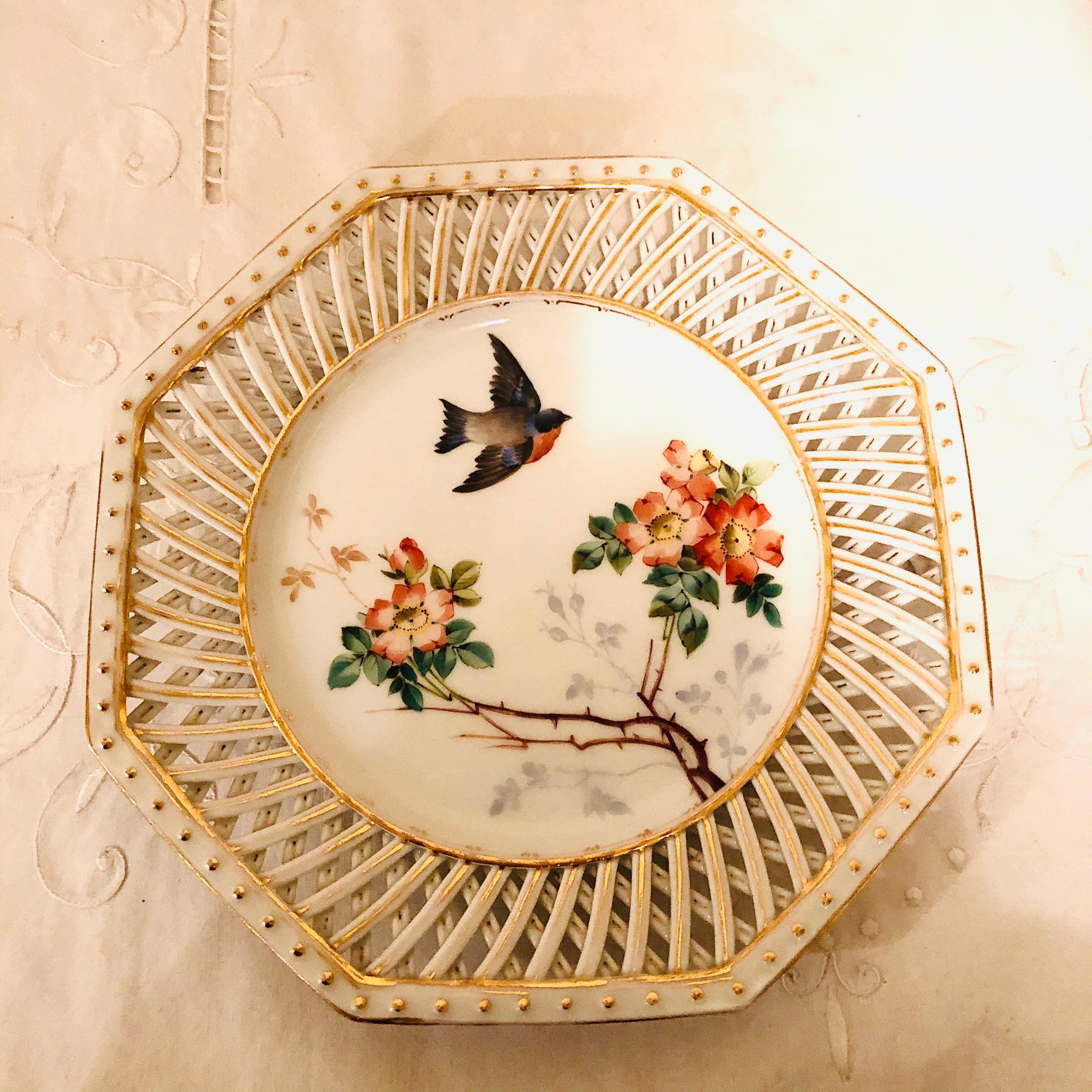 Set of Twelve Pirkenhammer Reticulated Bird Plates Each Painted Differently In Excellent Condition In Boston, MA