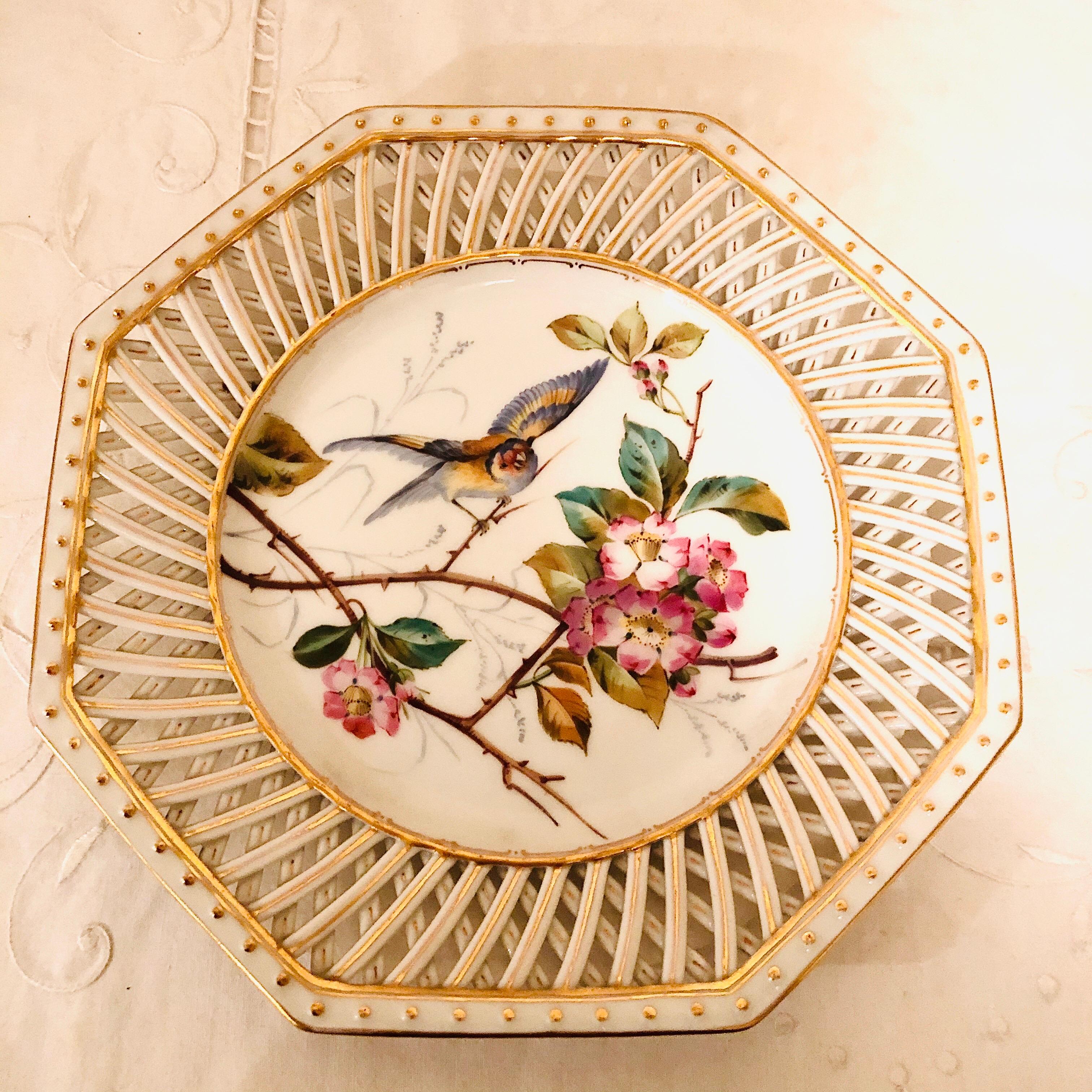 Late 19th Century Set of Twelve Pirkenhammer Reticulated Bird Plates Each Painted Differently