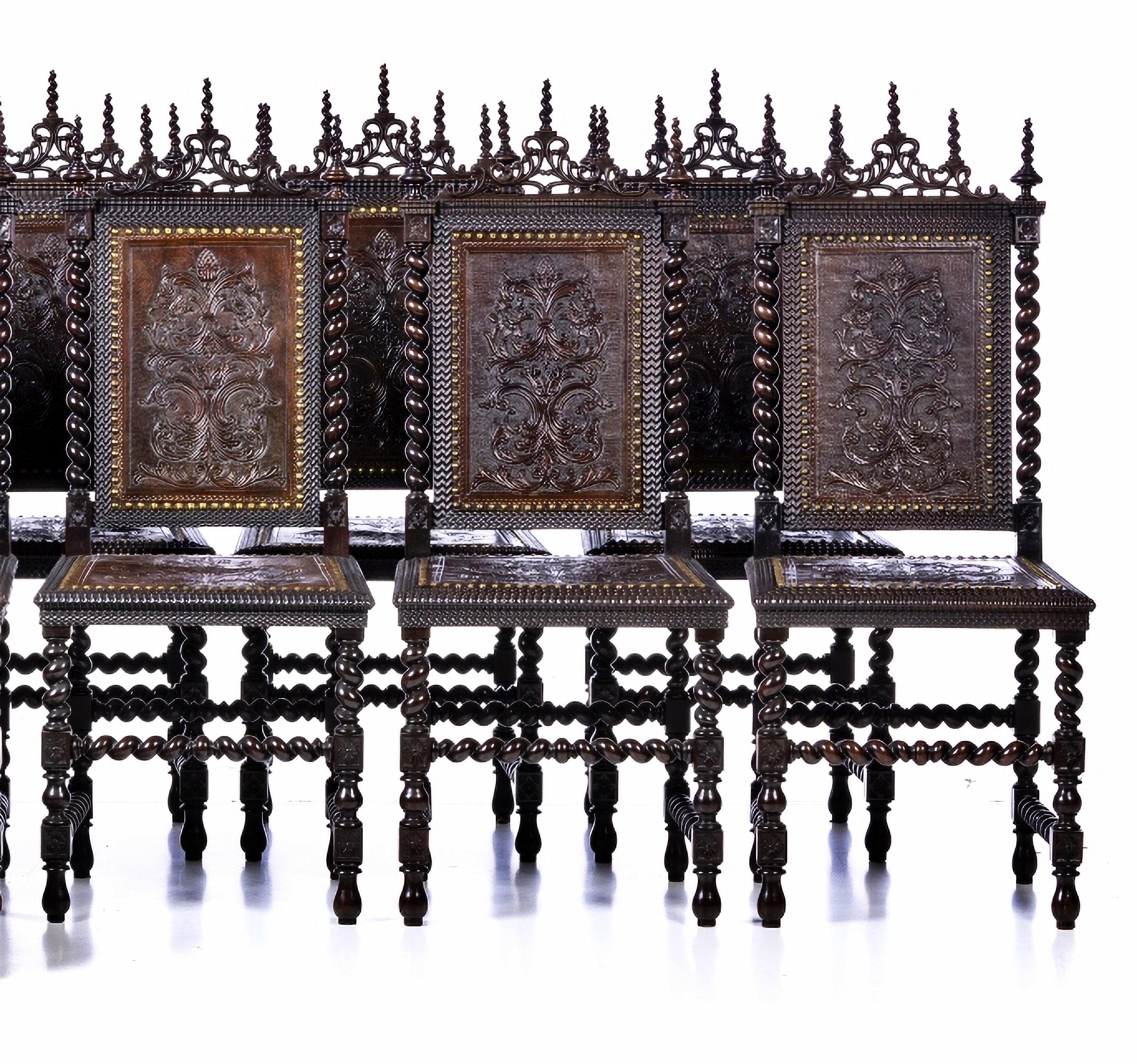 Renaissance SET OF TWELVE PORTUGUESE CHAIRS  19th Century in carved Rosewood Wood