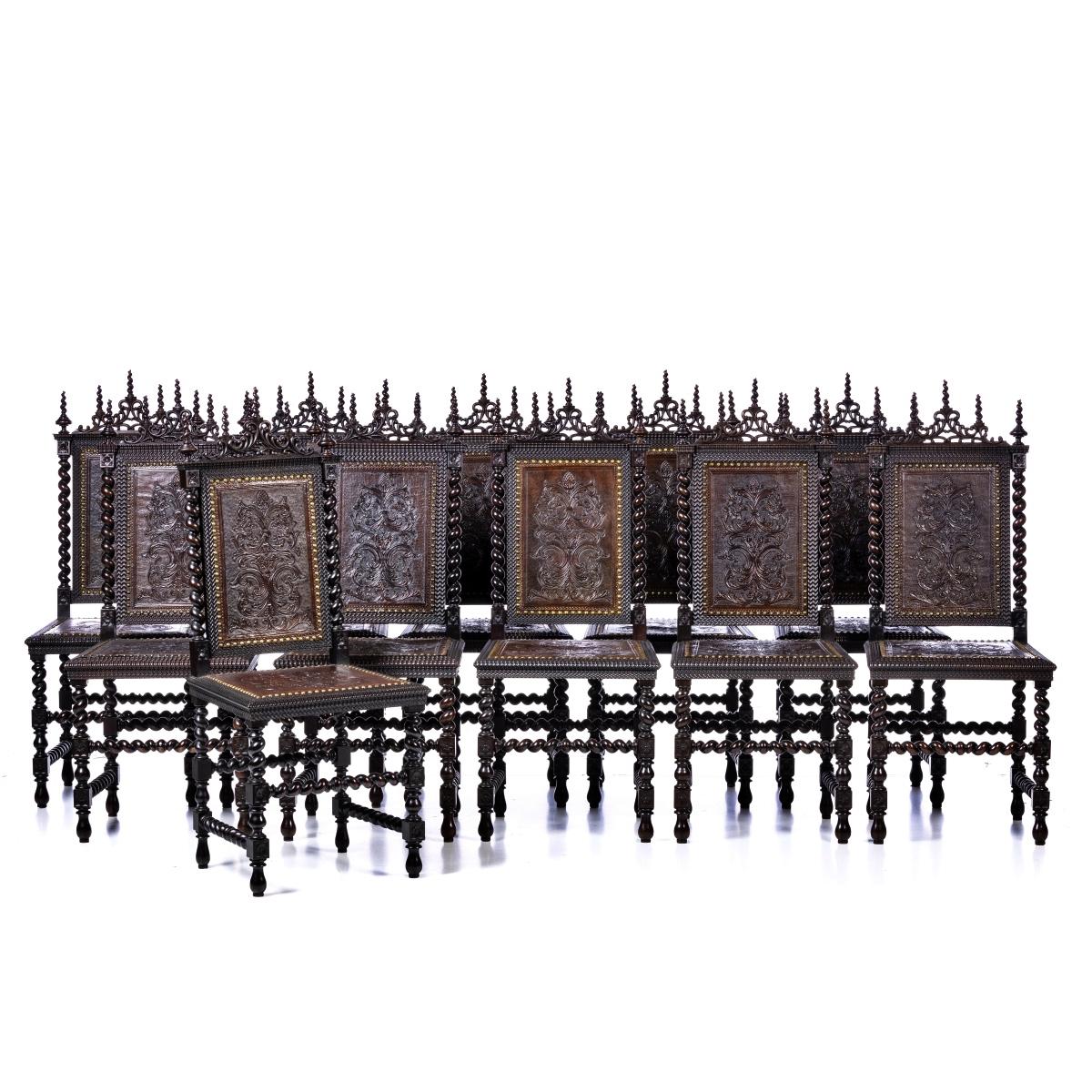 Hand-Crafted SET OF TWELVE PORTUGUESE CHAIRS  19th Century in carved Rosewood Wood