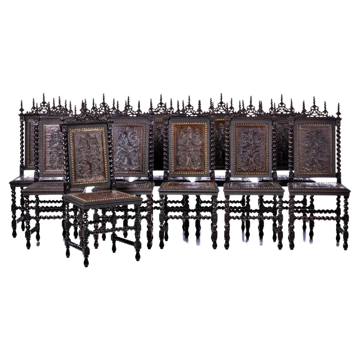 SET OF TWELVE PORTUGUESE CHAIRS  19th Century in carved Rosewood Wood