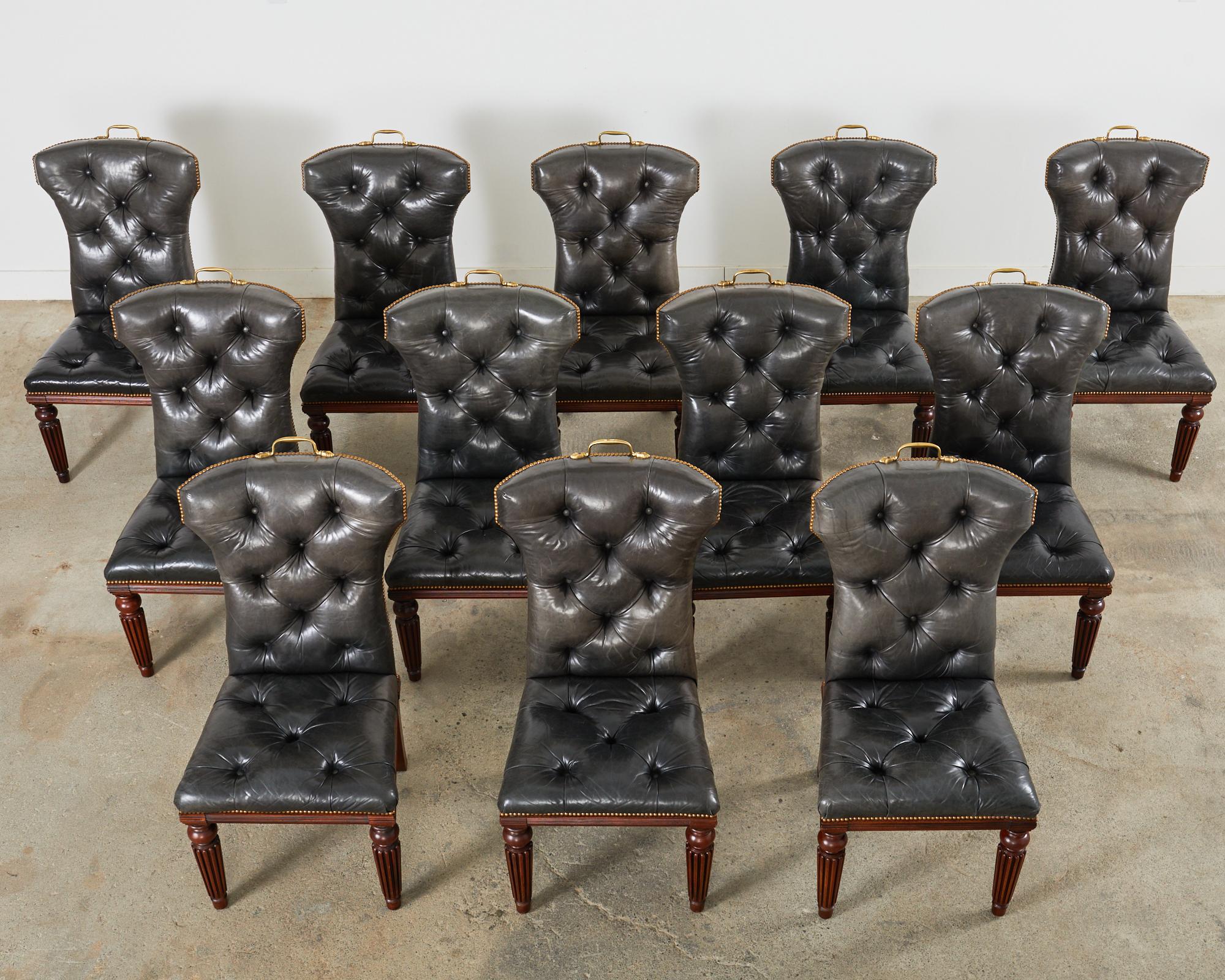 Regency Set of Twelve Ralph Lauren Tufted Leather Dining Chairs
