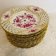 Set of Twelve Rare Meissen Purple Indian Reticulated Luncheon or Dessert Plates