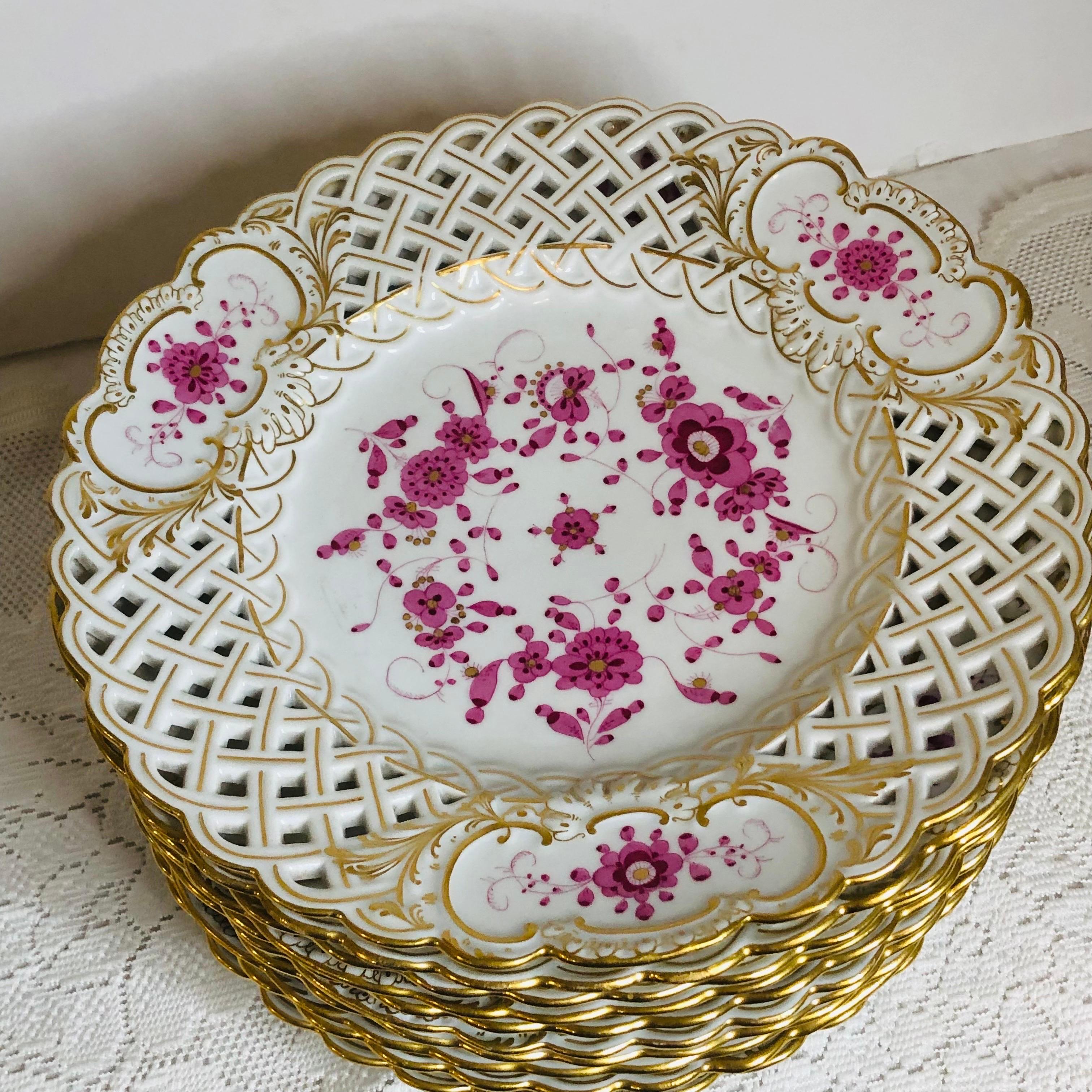 Late 19th Century Set of Twelve Rare Meissen Purple Indian Reticulated Luncheon or Dessert Plates