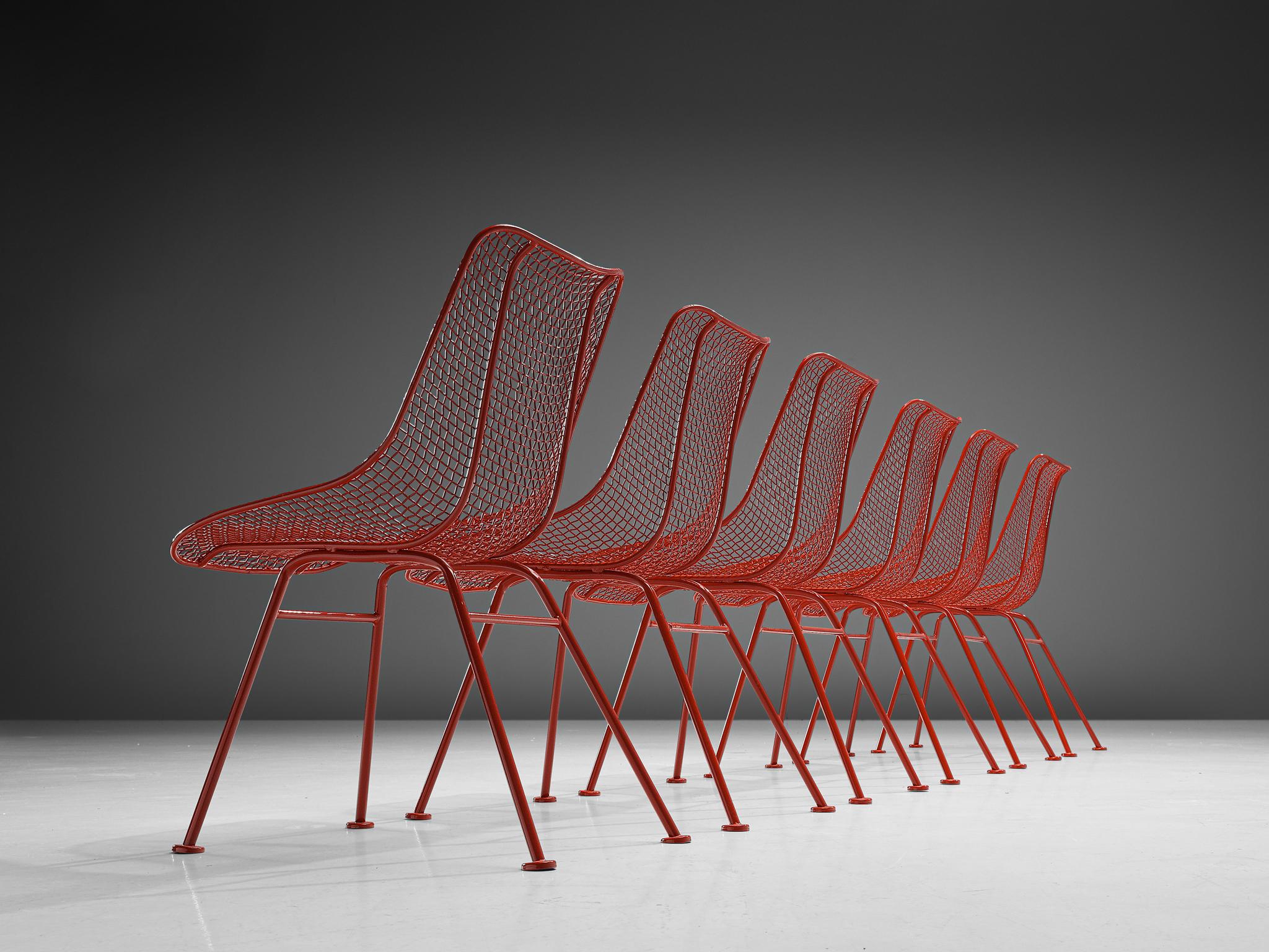 Mid-Century Modern Set of Twelve Red Coated 'Sculptura' Patio Chairs by Russall Woodard