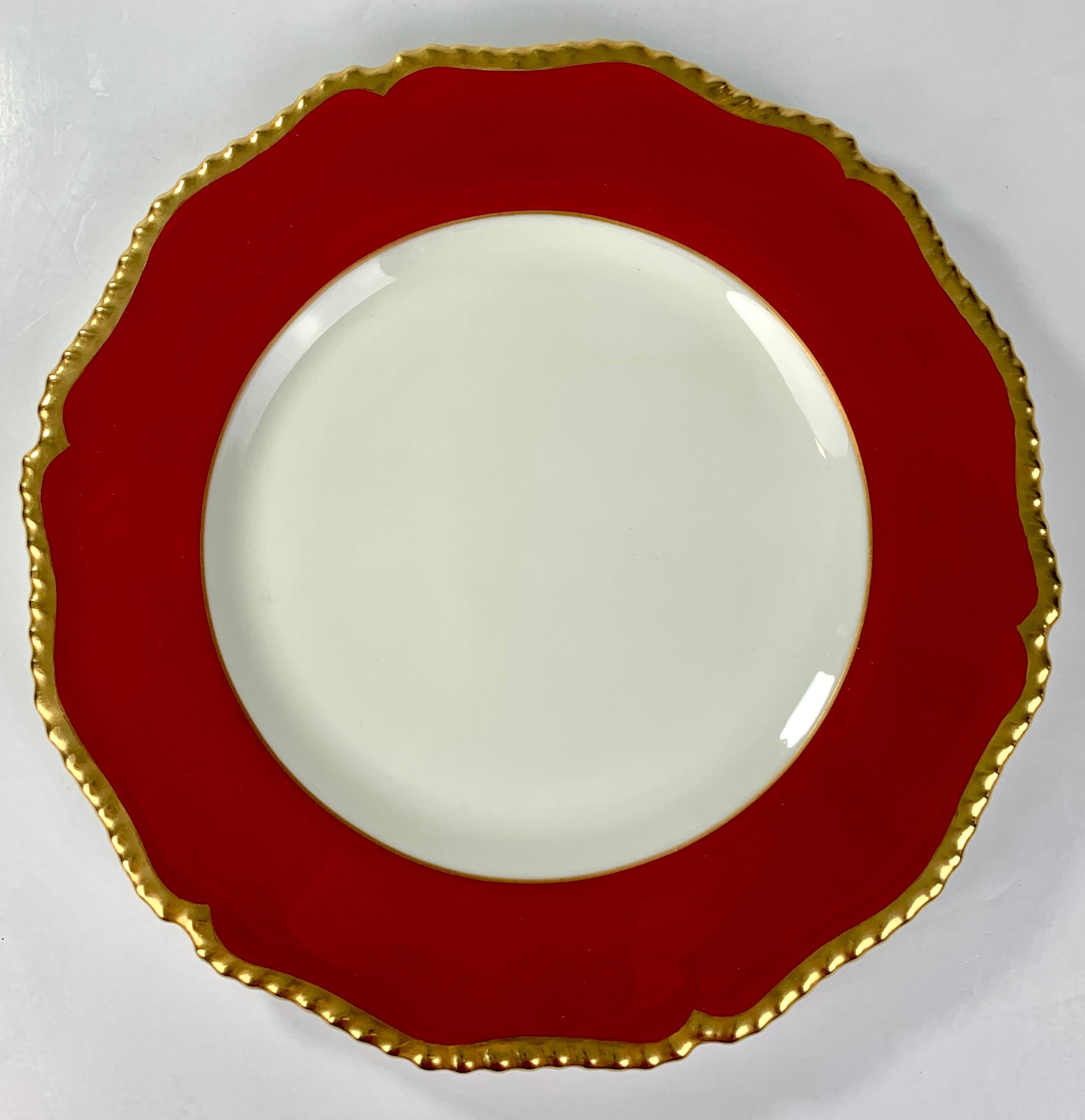 Royal Worcester made this set of twelve fabulous wine-red dinner plates in 1884.
The quality and condition of the porcelain are outstanding. The style is neoclassical and elegant.
The plates measure 10.75