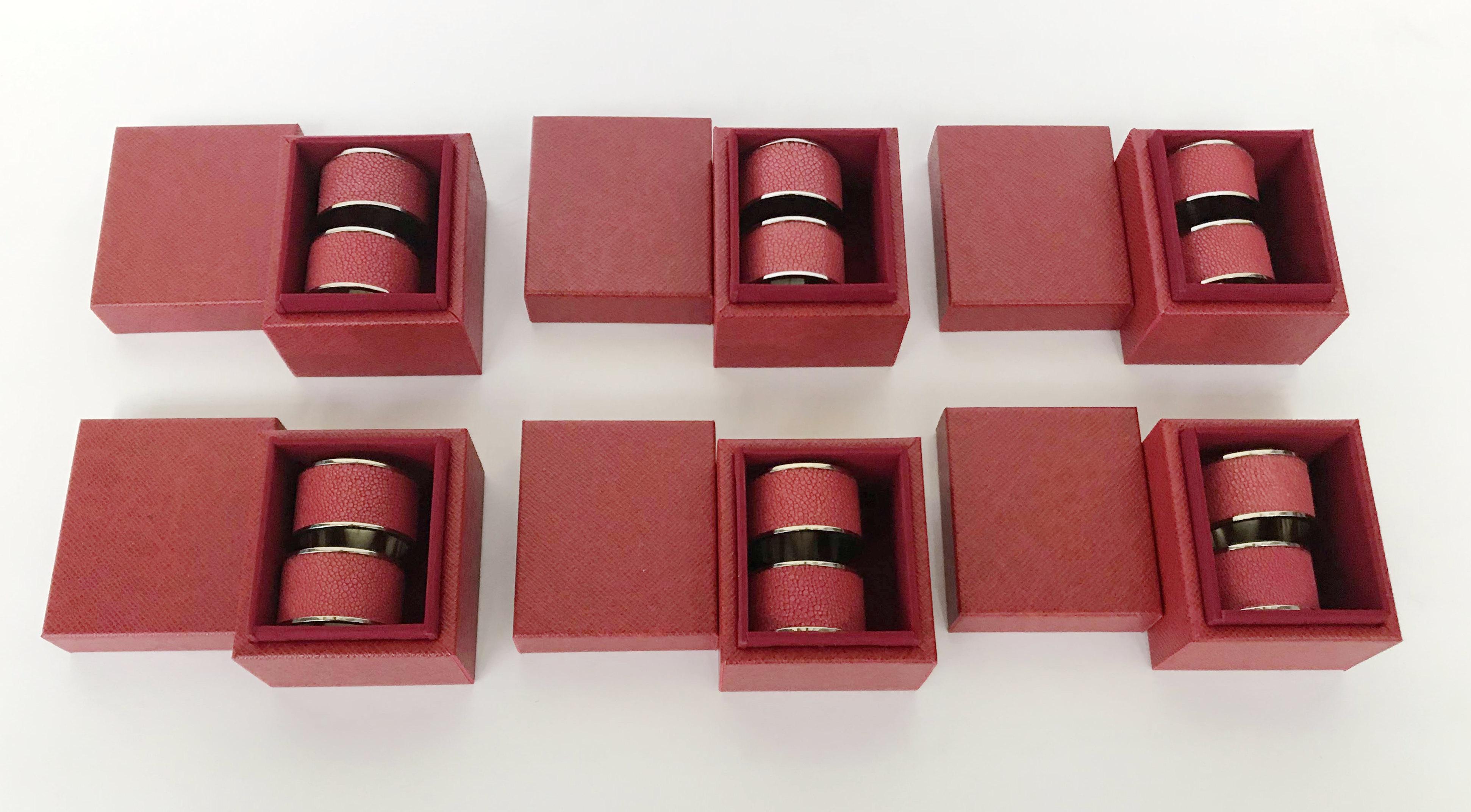 Contemporary Set of Twelve Red Shagreen Napkin Rings by Fabio Ltd - LAST 1 IN STOCK
