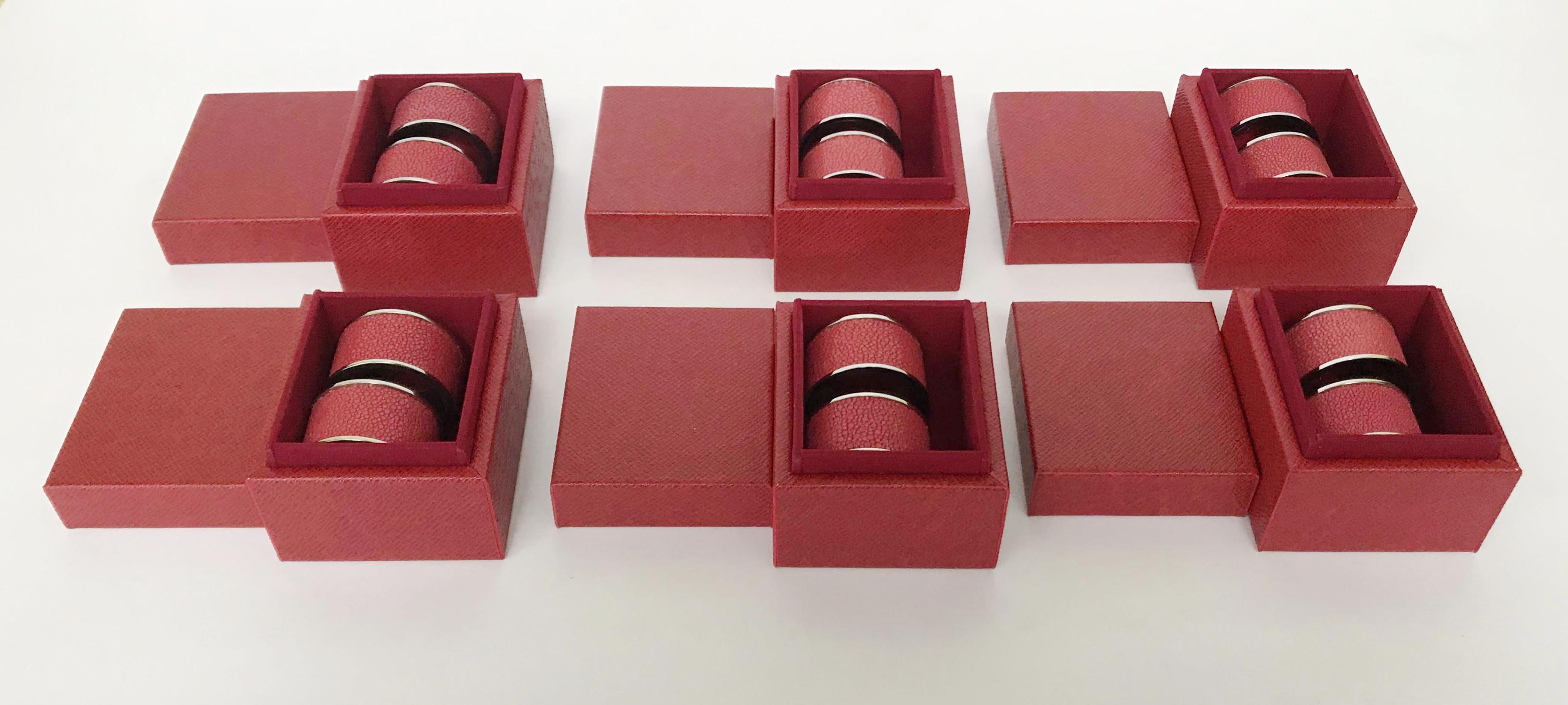 Stainless Steel Set of Twelve Red Shagreen Napkin Rings by Fabio Ltd - LAST 1 IN STOCK