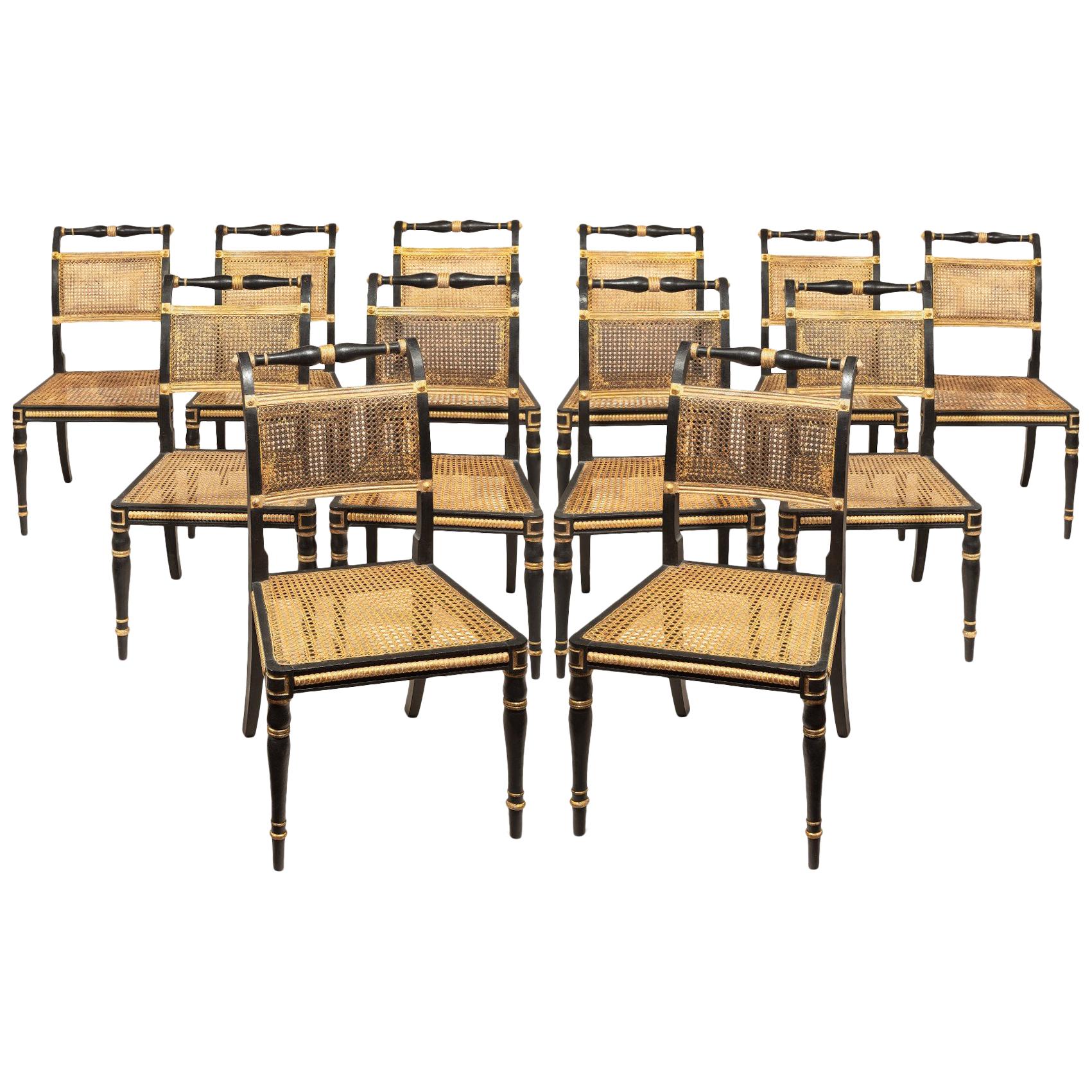 Set of Twelve Regency Dining Chairs in Ebonized and Gilded Decoration