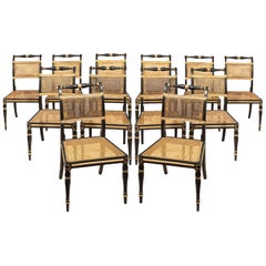 Set of Twelve Regency Dining Chairs in Ebonized and Gilded Decoration