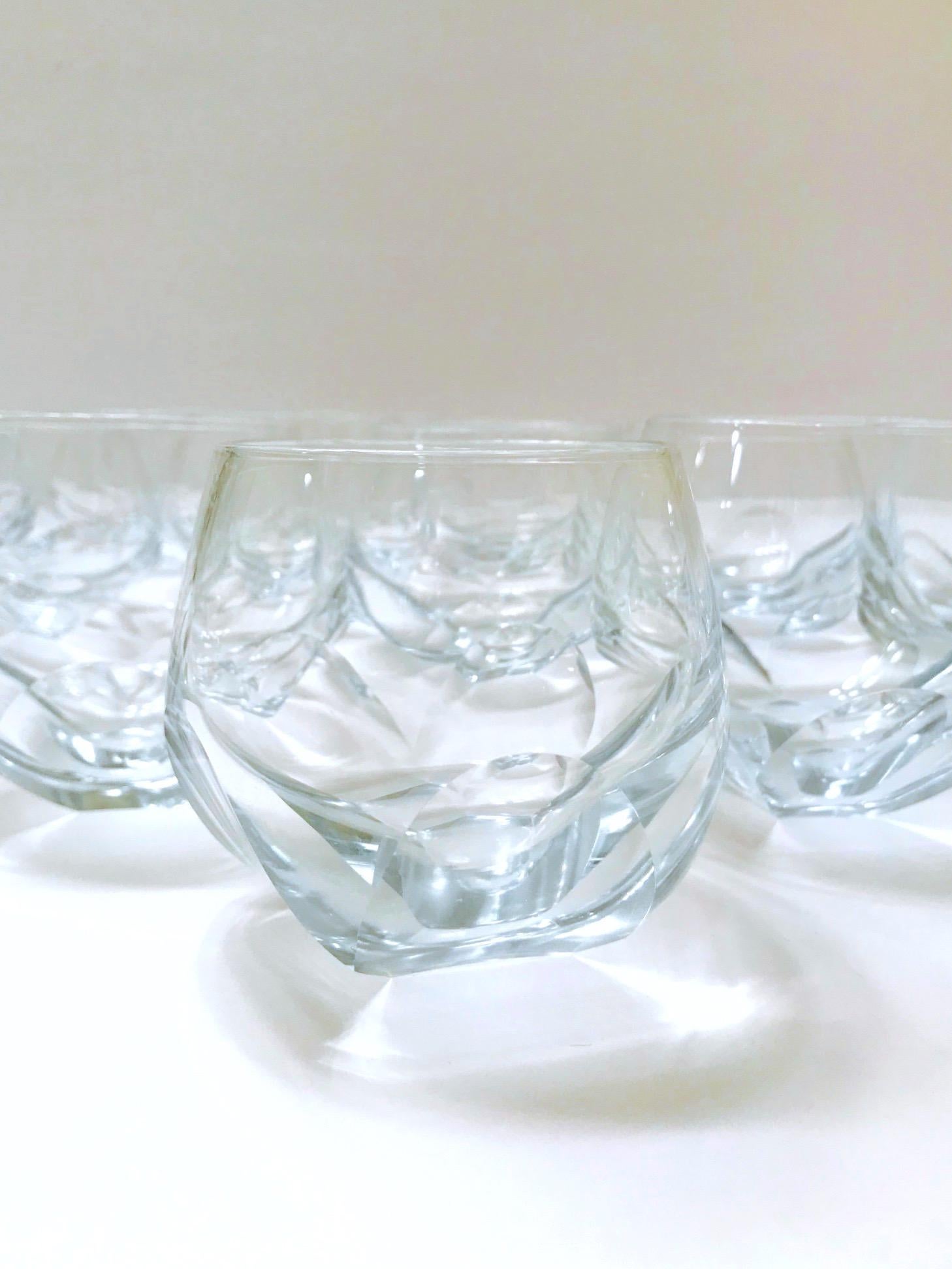 Mid-Century Modern Set of Twelve Round Faceted Crystal Whiskey Glasses by Moser, 1980s