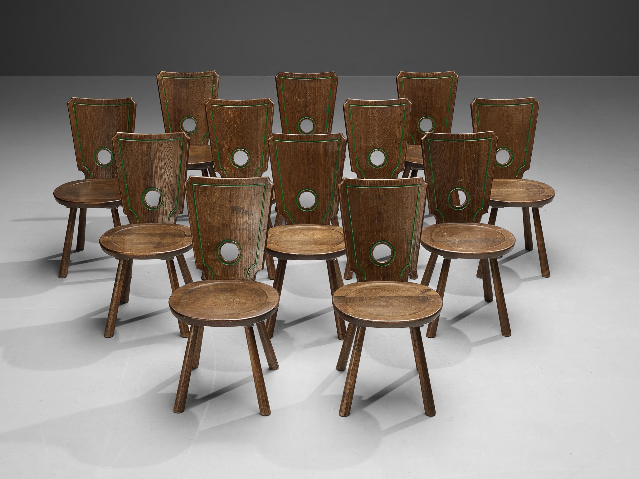Bronze Set of Twelve Rustic French Dining Chairs in Solid Oak