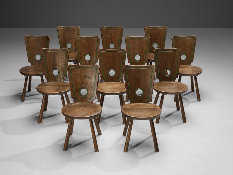 Bronze Set of Twelve Rustic French Dining Chairs in Solid Oak For Sale