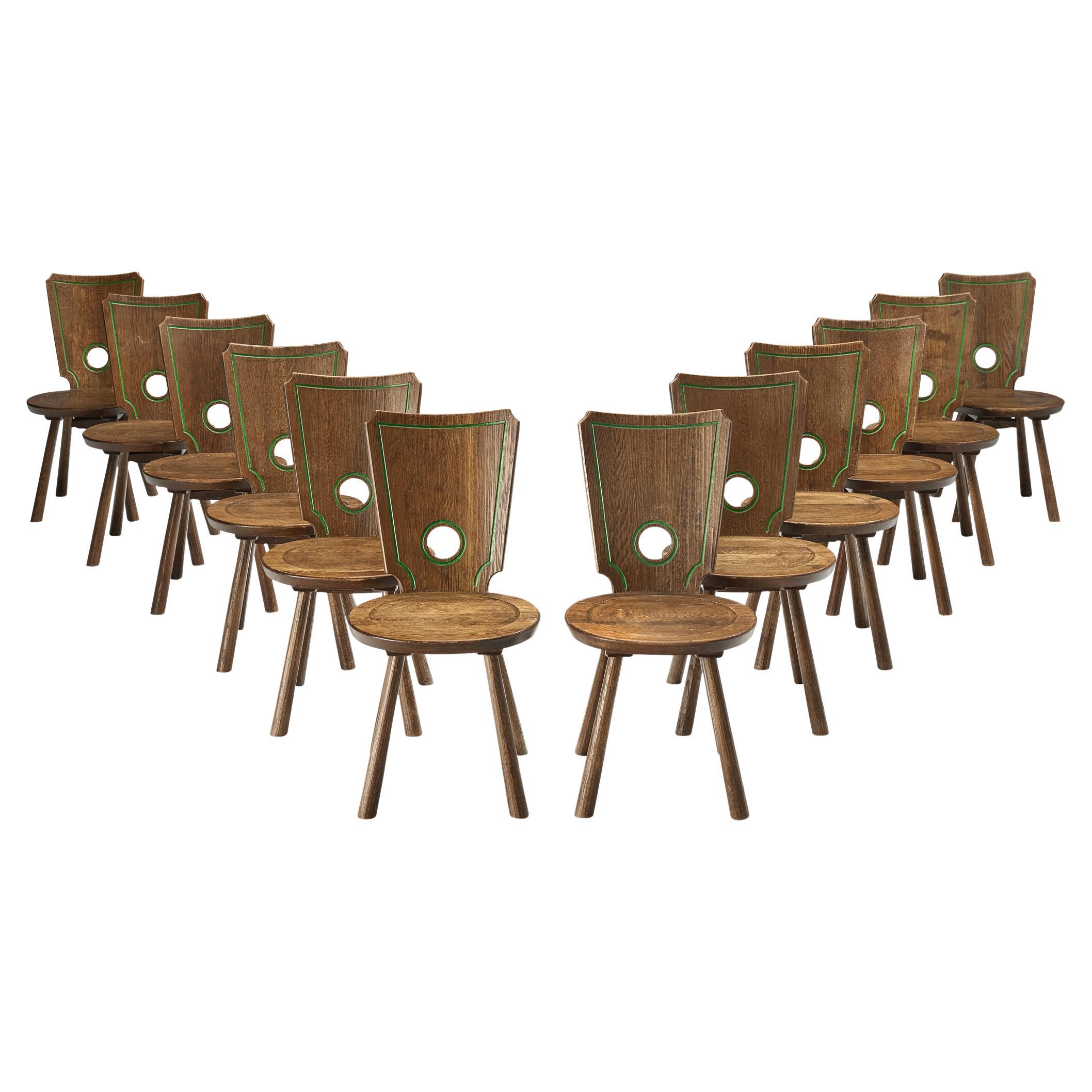 Set of Twelve Rustic French Dining Chairs in Solid Oak