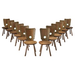 Set of Twelve Rustic French Dining Chairs in Solid Oak